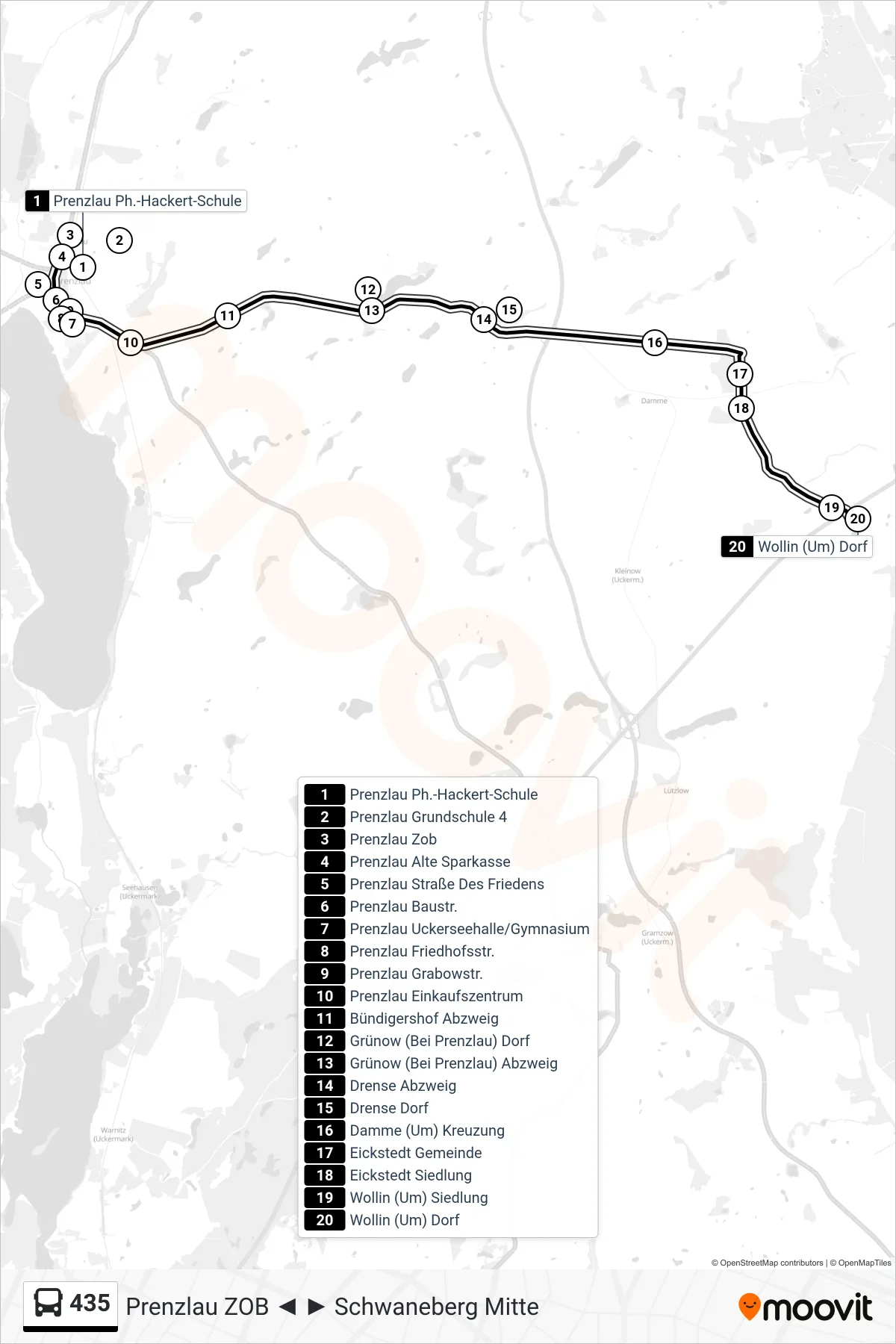 Linie 435 (Bus) Richtung Wollin (Um) Dorf: Route und Haltestellen auf der Karte