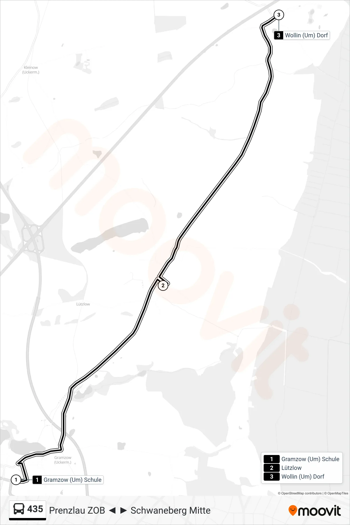 Linie 435 (Bus) Richtung Wollin (Um) Dorf: Route und Haltestellen auf der Karte