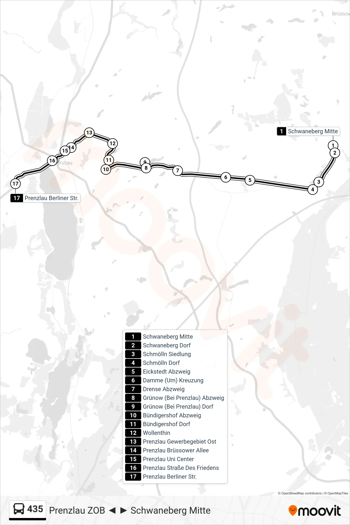 Linie 435 (Bus) Richtung Prenzlau Berliner Str.: Route und Haltestellen auf der Karte
