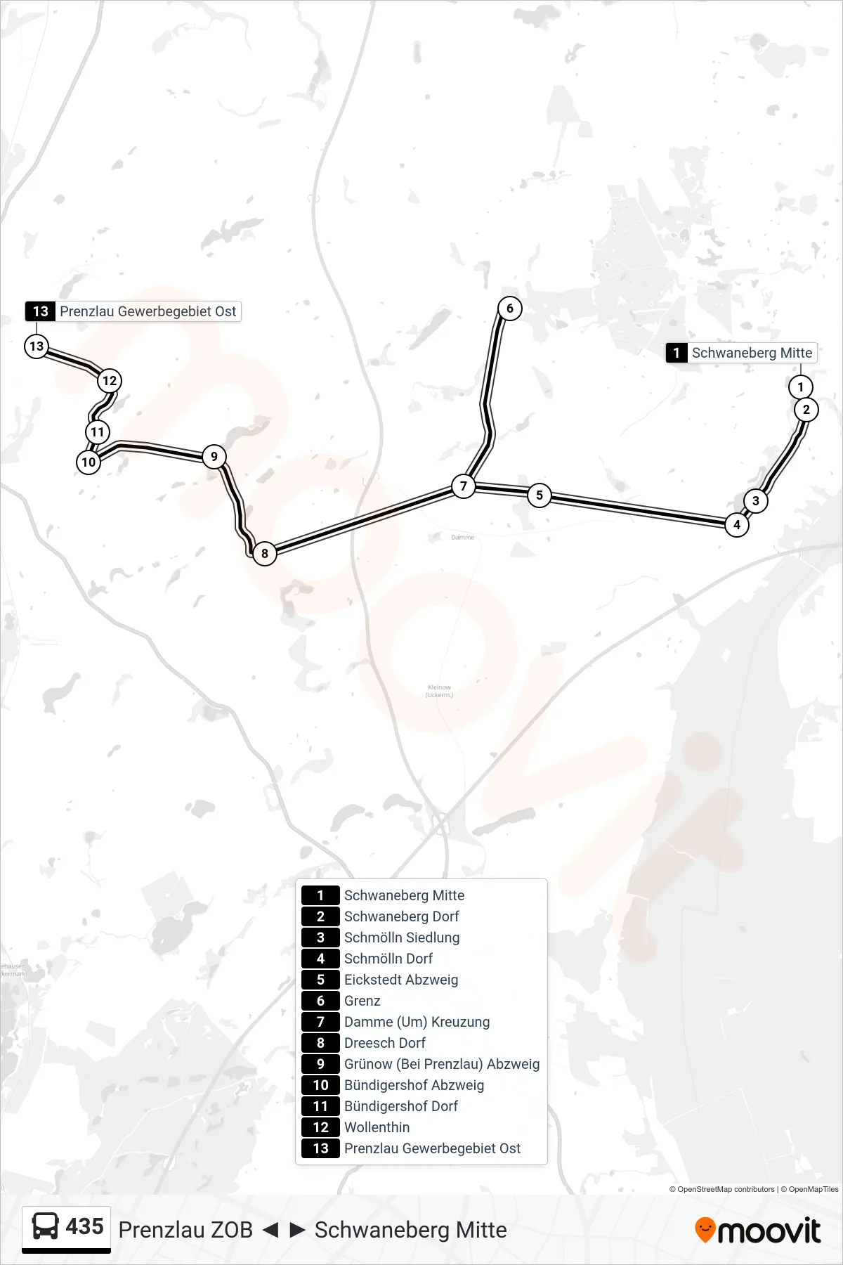 435 bus Line (Prenzlau Gewerbegebiet Ost) route and stops on a map