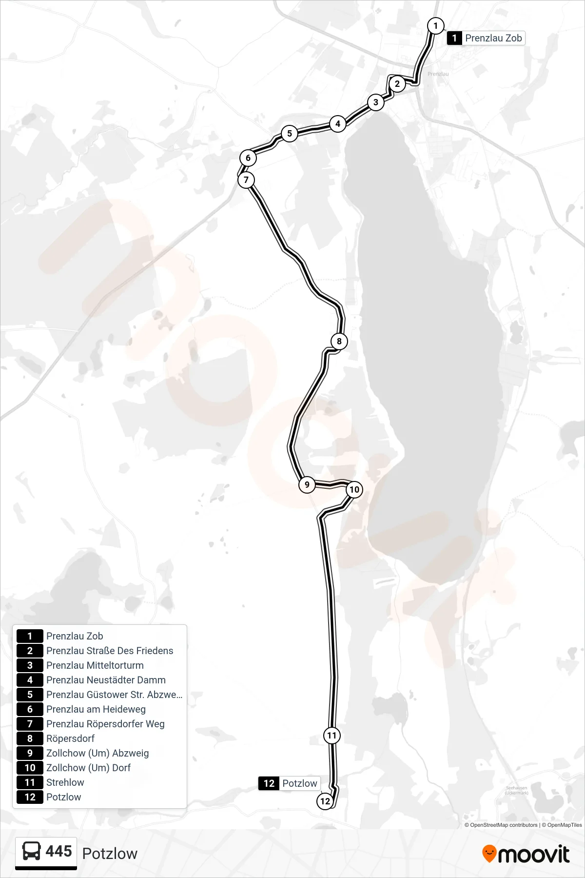 445 bus Line (Potzlow) route and stops on a map