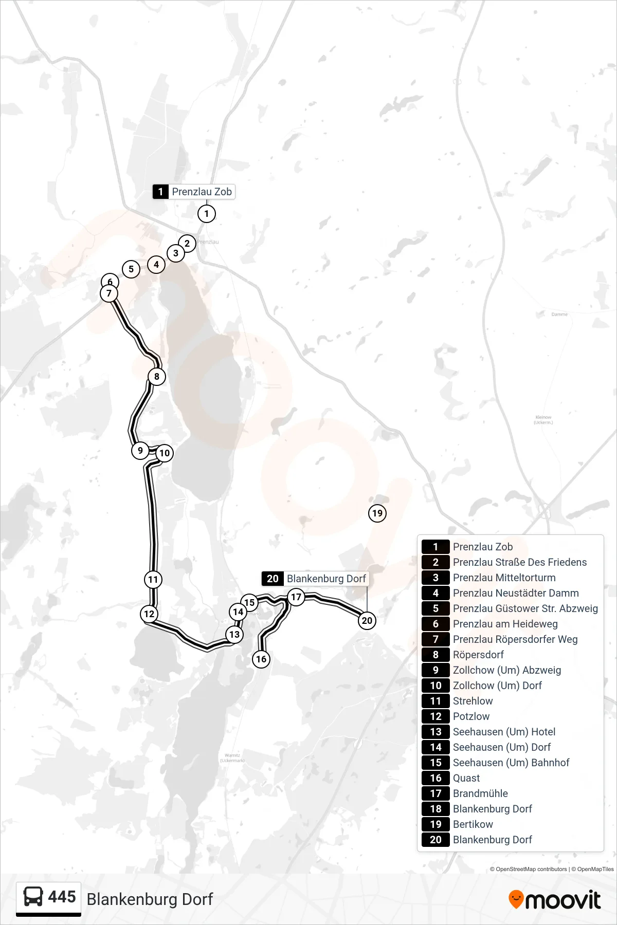 Linie 445 (Bus) Richtung Blankenburg Dorf: Route und Haltestellen auf der Karte