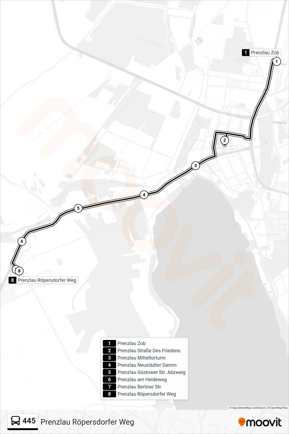 Linie 445 (Bus) Richtung Prenzlau Röpersdorfer Weg: Route und Haltestellen auf der Karte