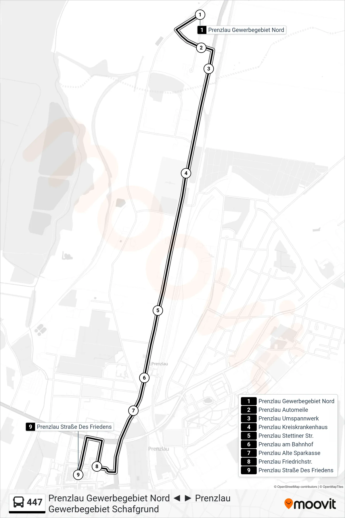 447 bus Line (Prenzlau Straße Des Friedens) route and stops on a map