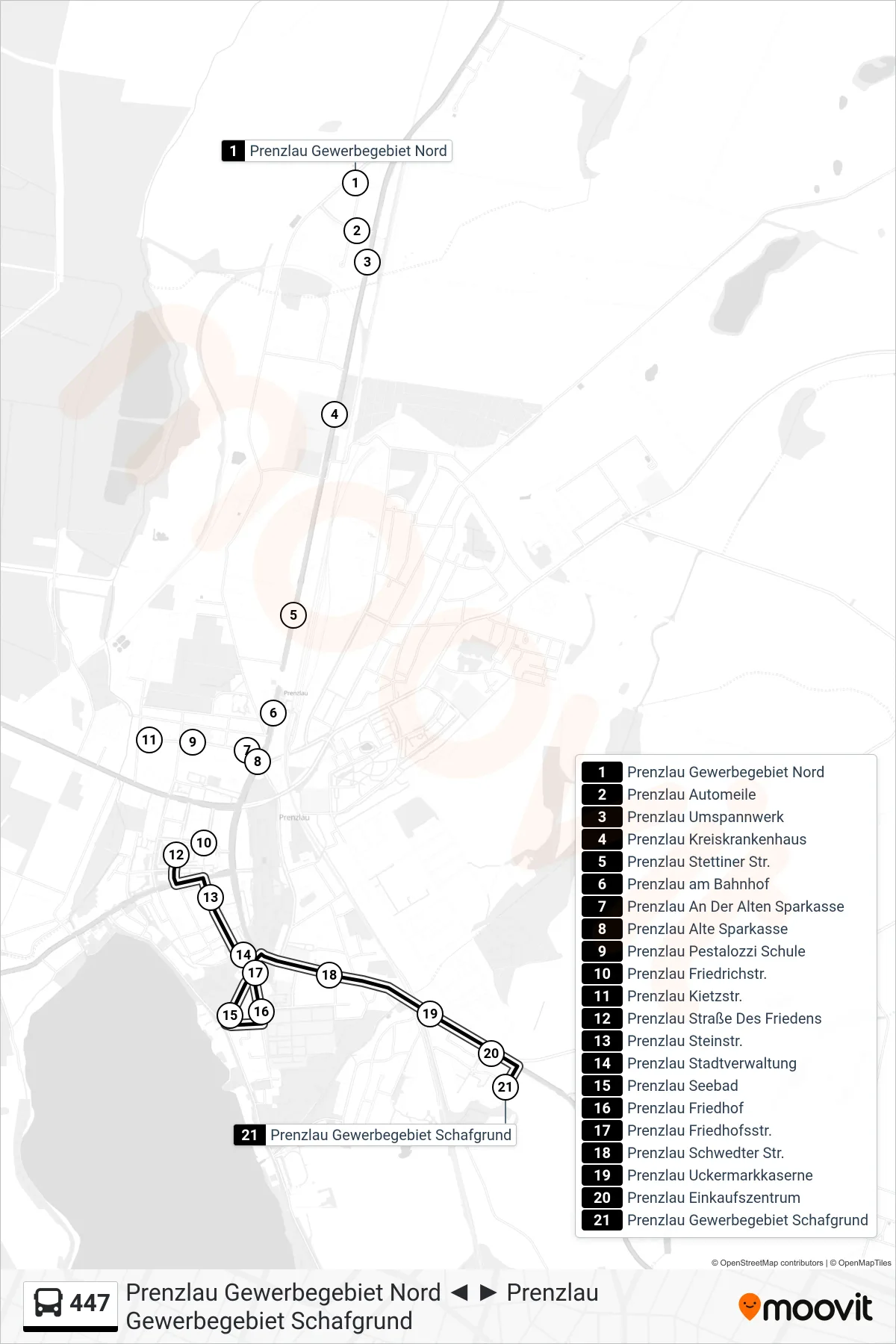 447 bus Line (Prenzlau Gewerbegebiet Schafgrund) route and stops on a map