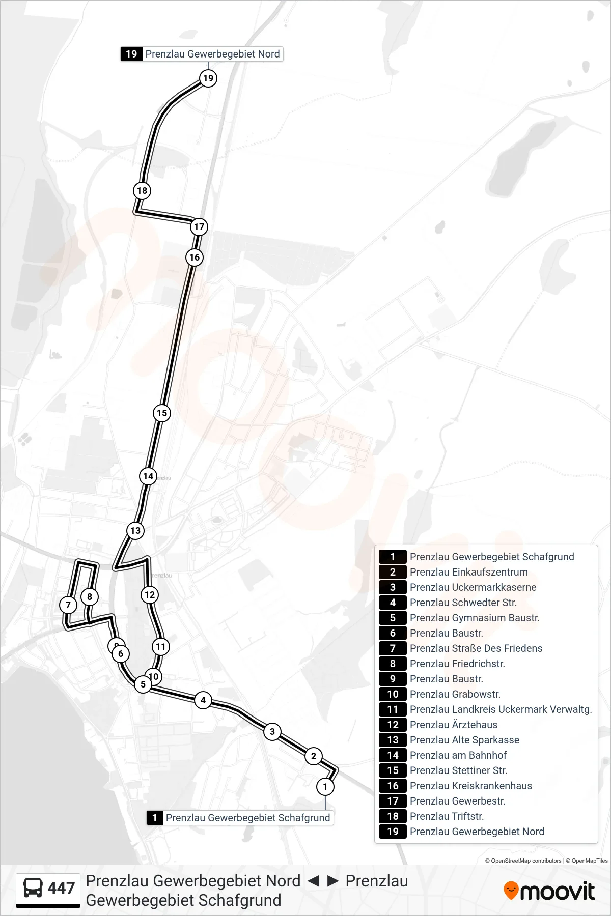 Linie 447 (Bus) Richtung Prenzlau Gewerbegebiet Nord: Route und Haltestellen auf der Karte