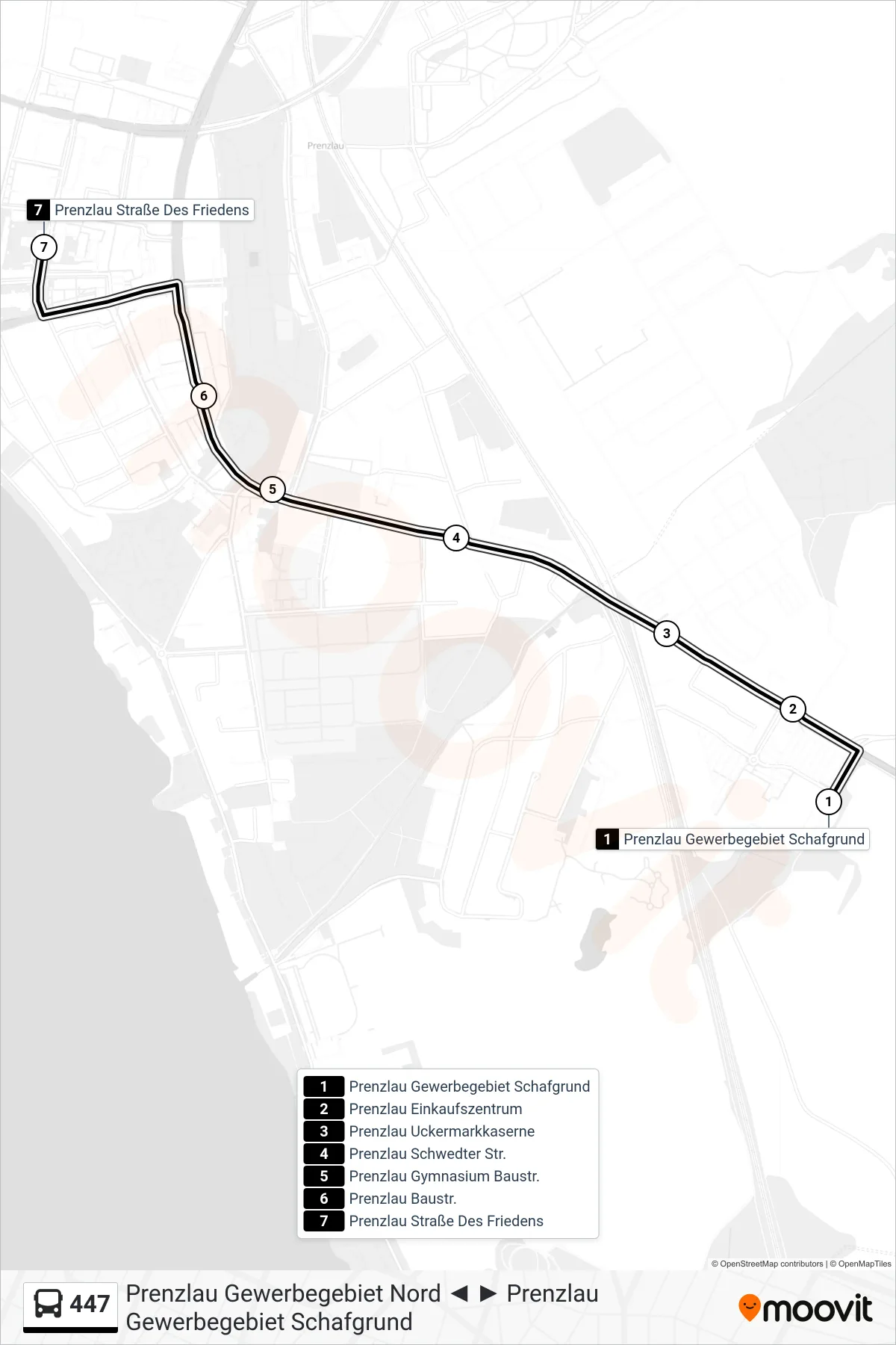 Linie 447 (Bus) Richtung Prenzlau Straße Des Friedens: Route und Haltestellen auf der Karte