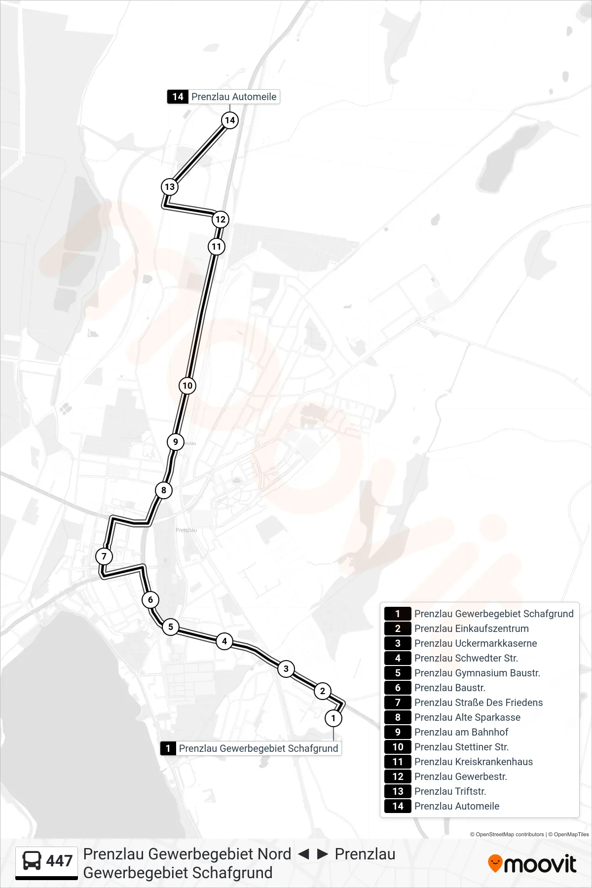 Linie 447 (Bus) Richtung Prenzlau Automeile: Route und Haltestellen auf der Karte