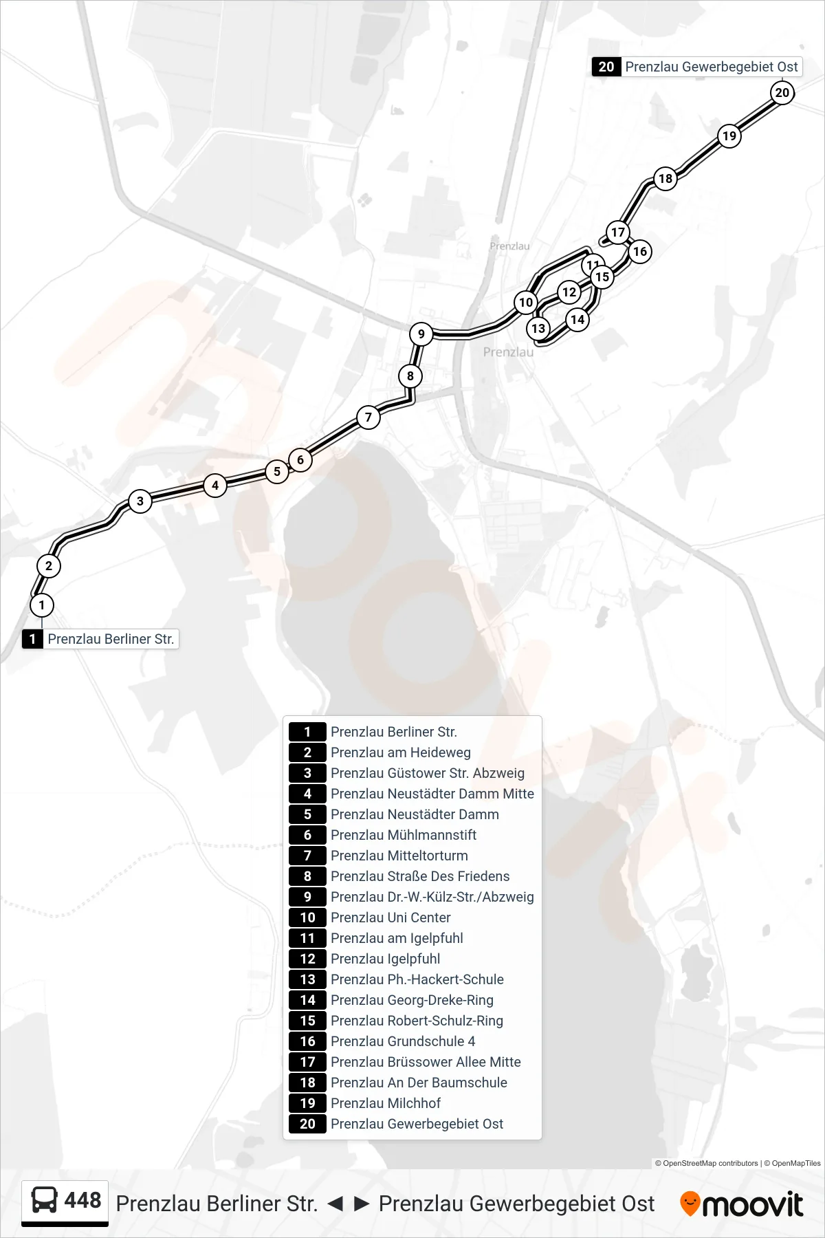 448 bus Line (Prenzlau Gewerbegebiet Ost) route and stops on a map