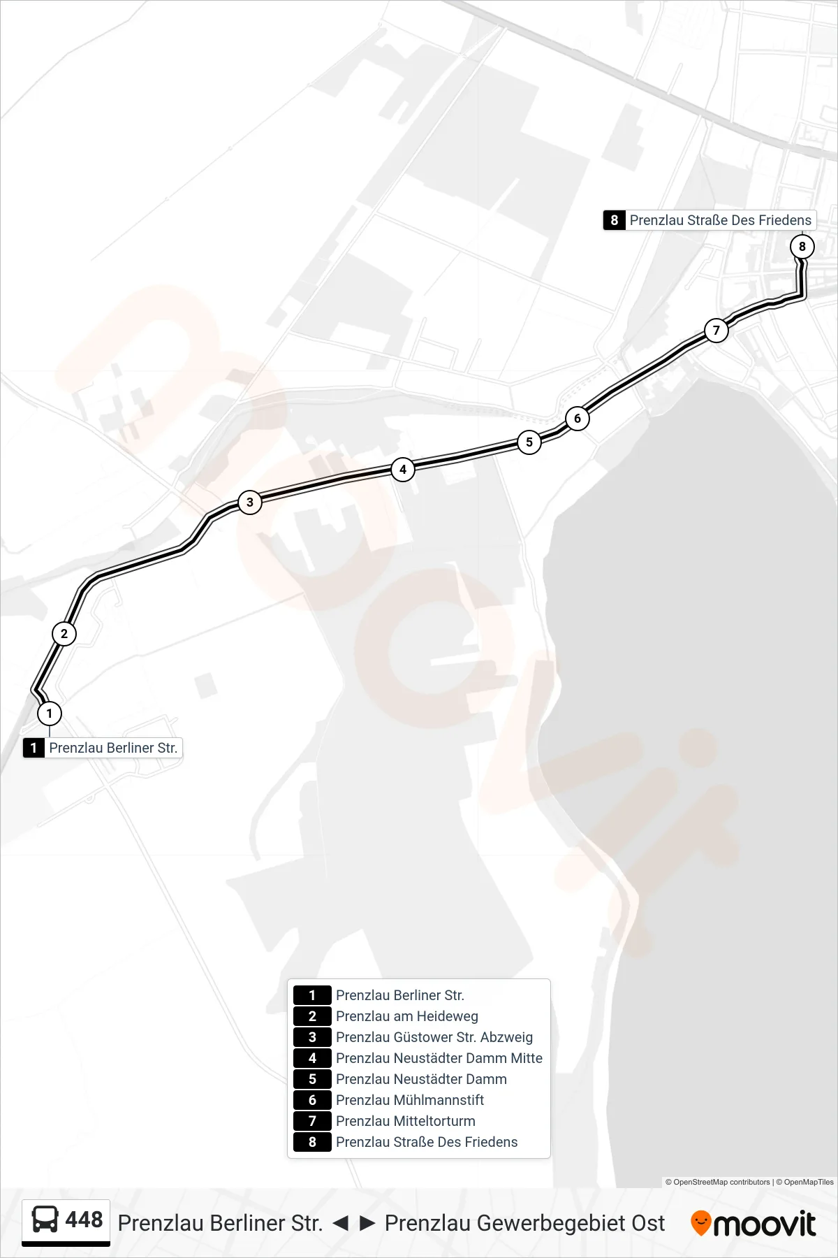 Linie 448 (Bus) Richtung Prenzlau Straße Des Friedens: Route und Haltestellen auf der Karte