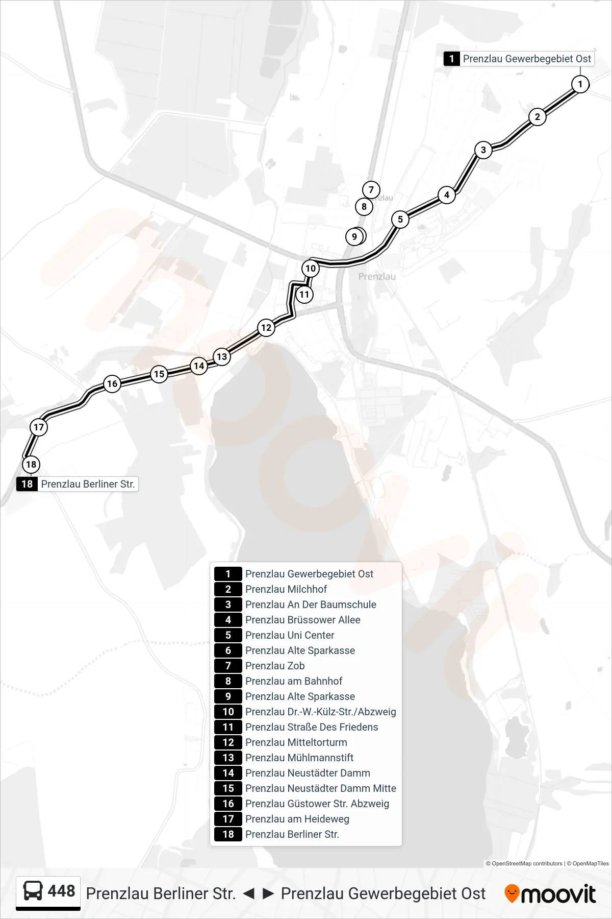 Linie 448 (Bus) Richtung Prenzlau Berliner Str.: Route und Haltestellen auf der Karte