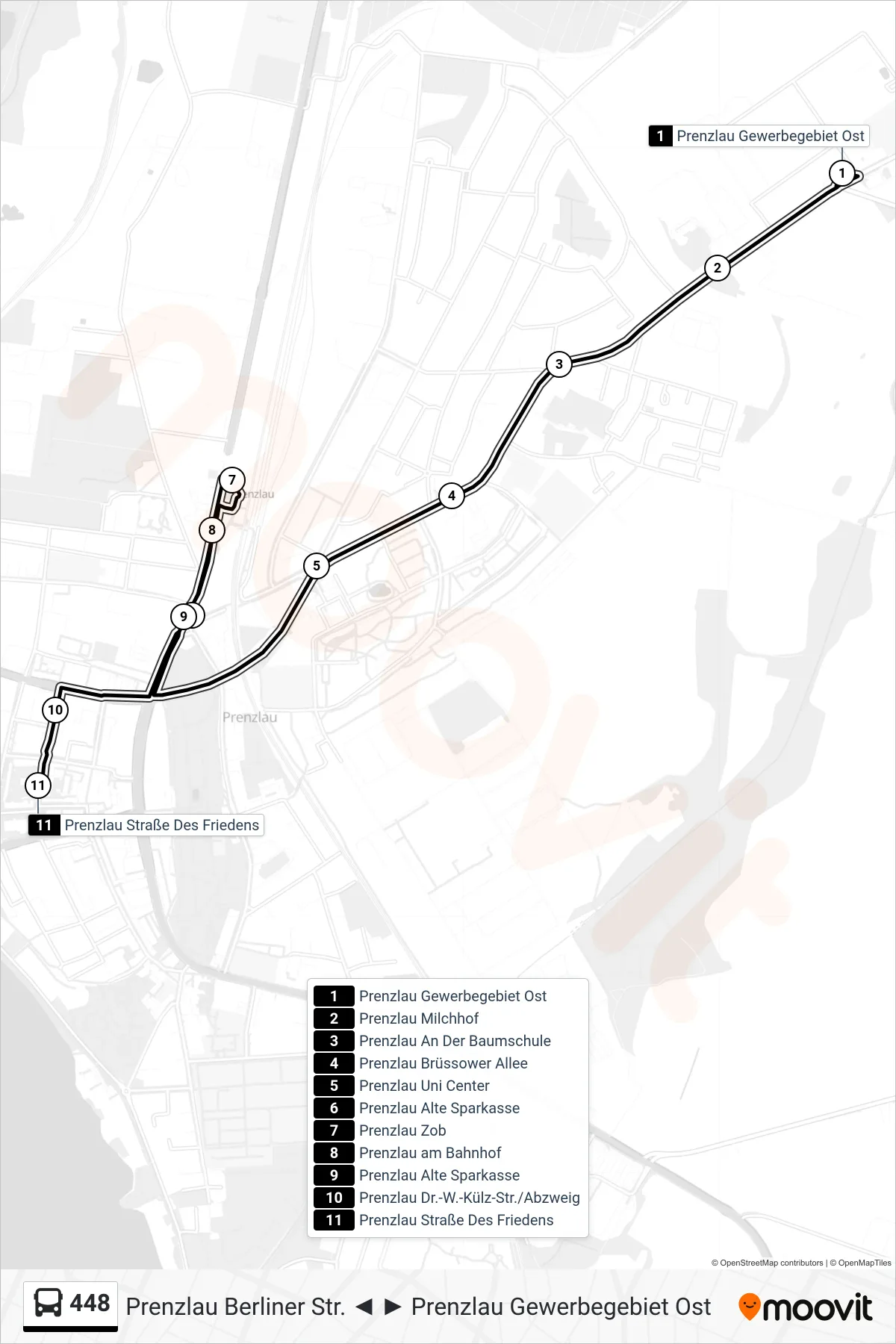 Linie 448 (Bus) Richtung Prenzlau Straße Des Friedens: Route und Haltestellen auf der Karte