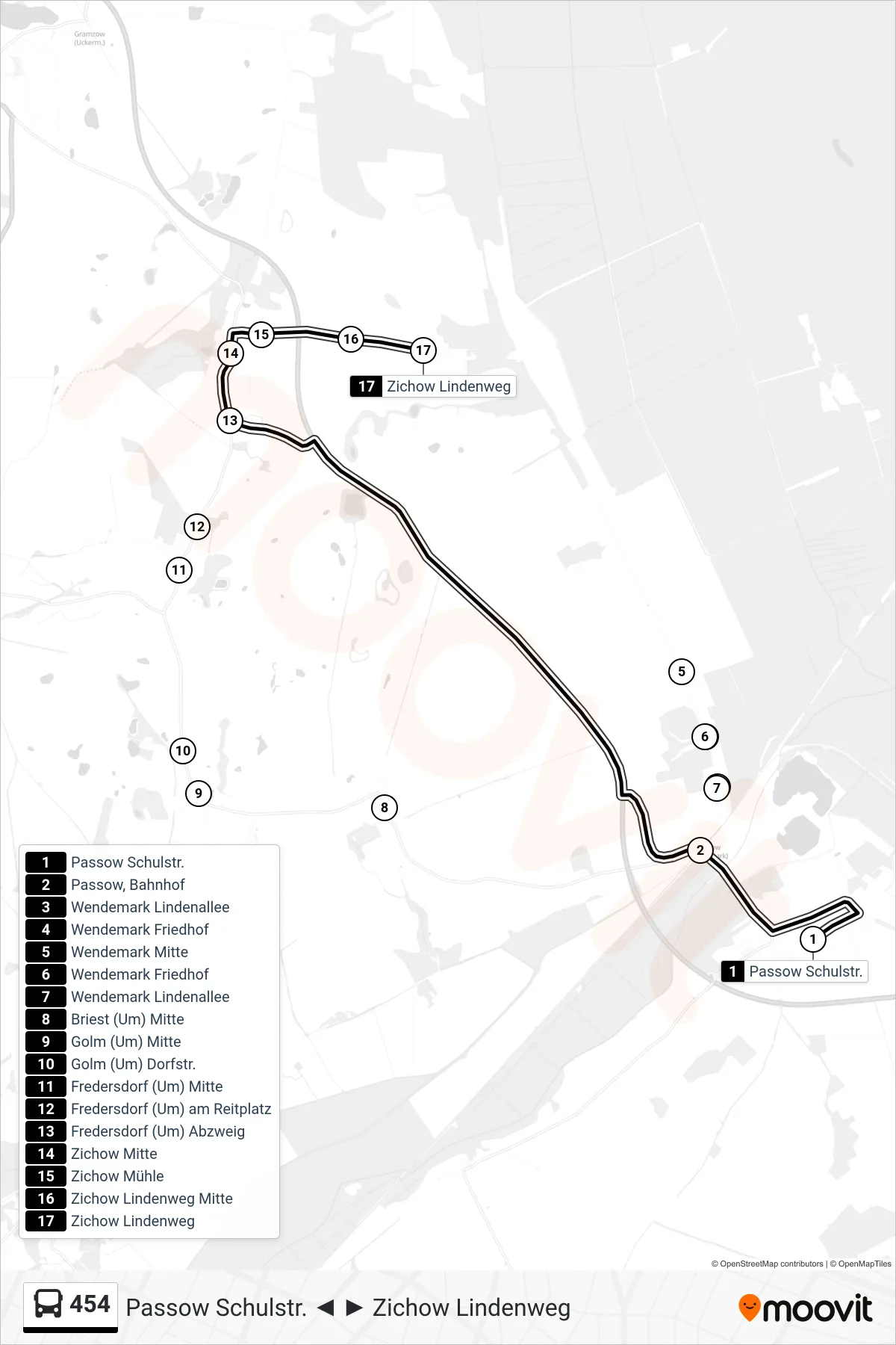 Linie 454 (Bus) Richtung Zichow Lindenweg: Route und Haltestellen auf der Karte