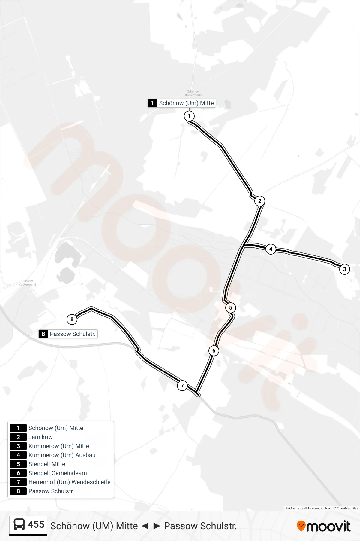 Linie 455 (Bus) Richtung Passow Schulstr.: Route und Haltestellen auf der Karte