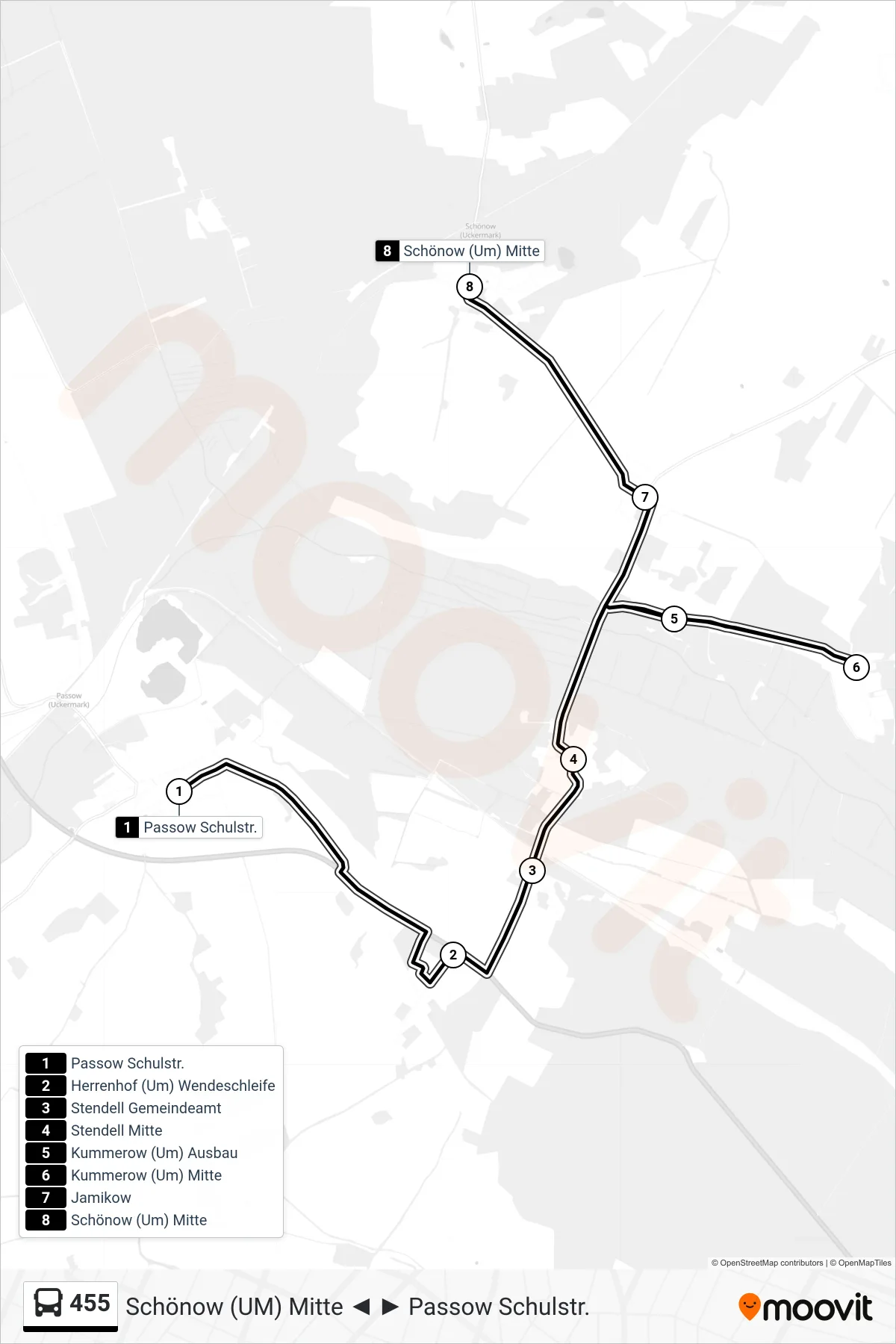 455 bus Line (Schönow (Um) Mitte) route and stops on a map