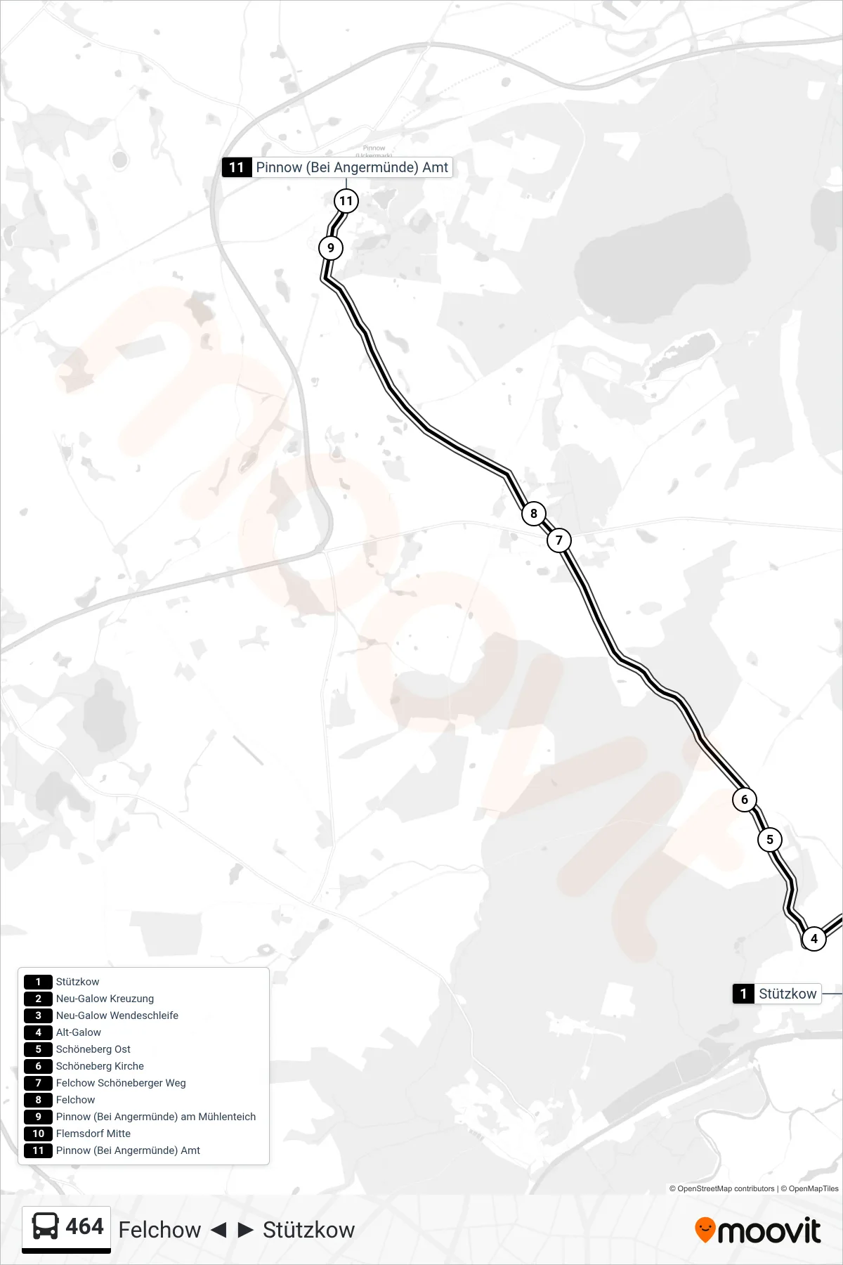 Linie 464 (Bus) Richtung Pinnow (Bei Angermünde) Amt: Route und Haltestellen auf der Karte