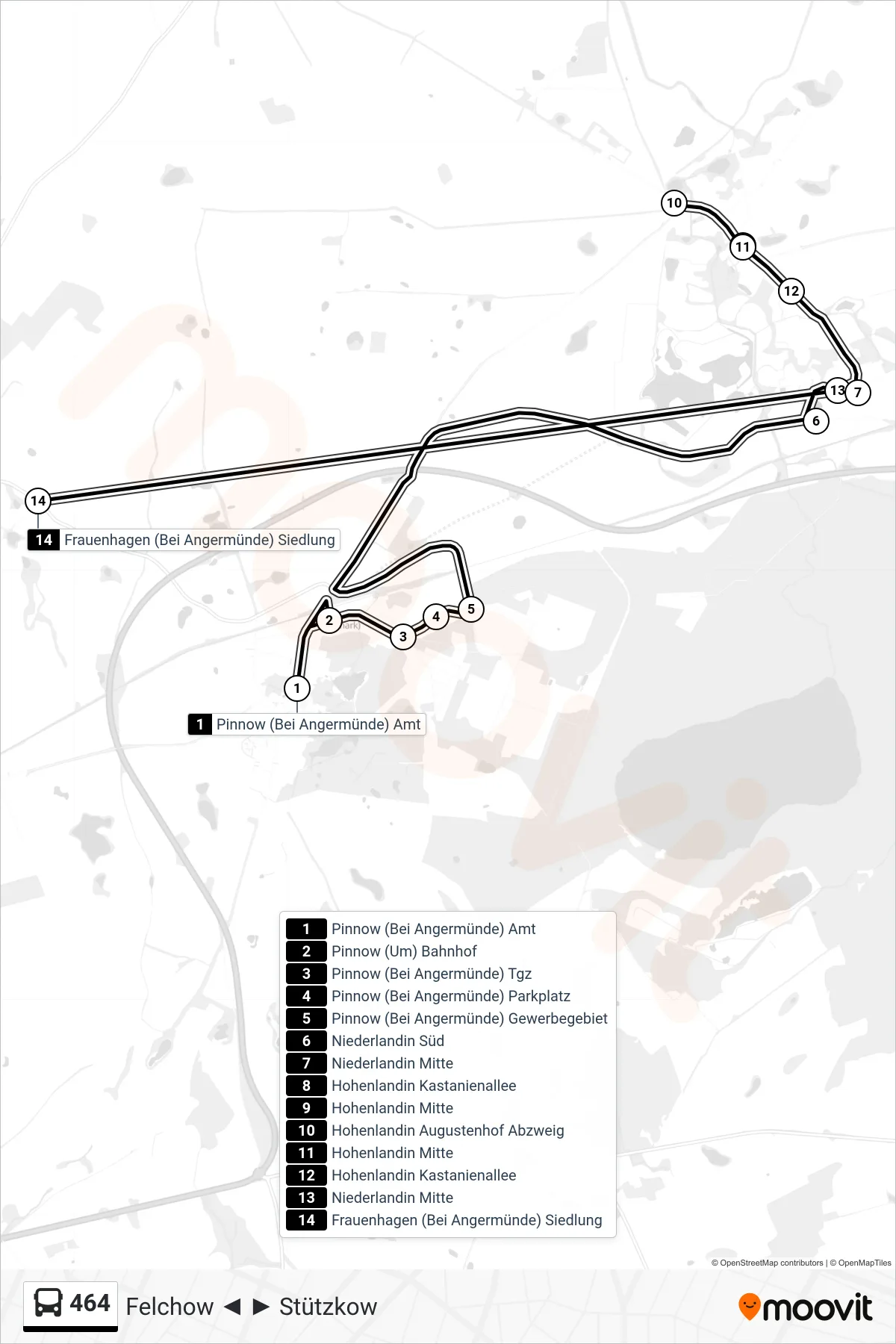 Linie 464 (Bus) Richtung Frauenhagen (Bei Angermünde) Siedlung: Route und Haltestellen auf der Karte