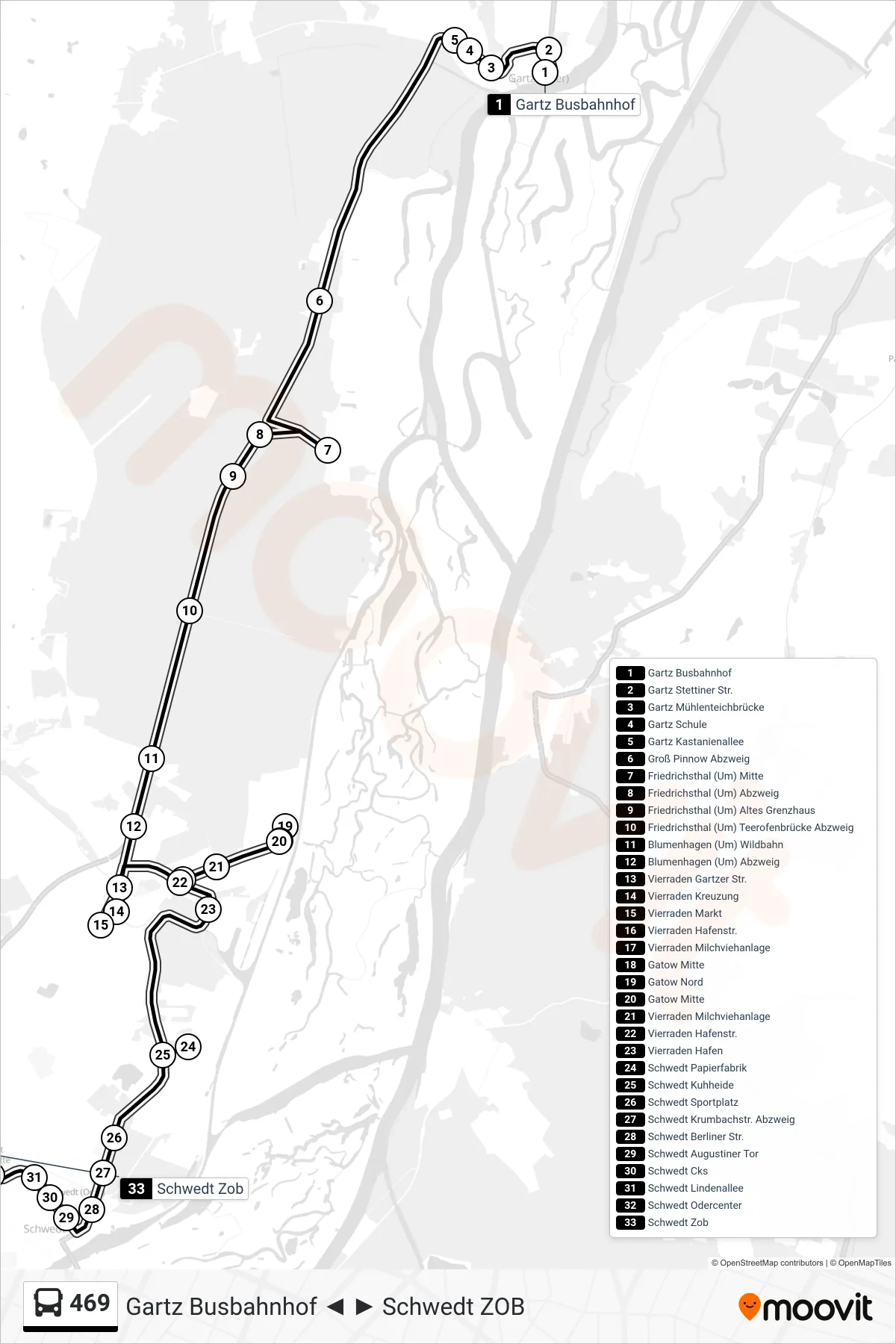469 bus Line (Schwedt Zob) route and stops on a map