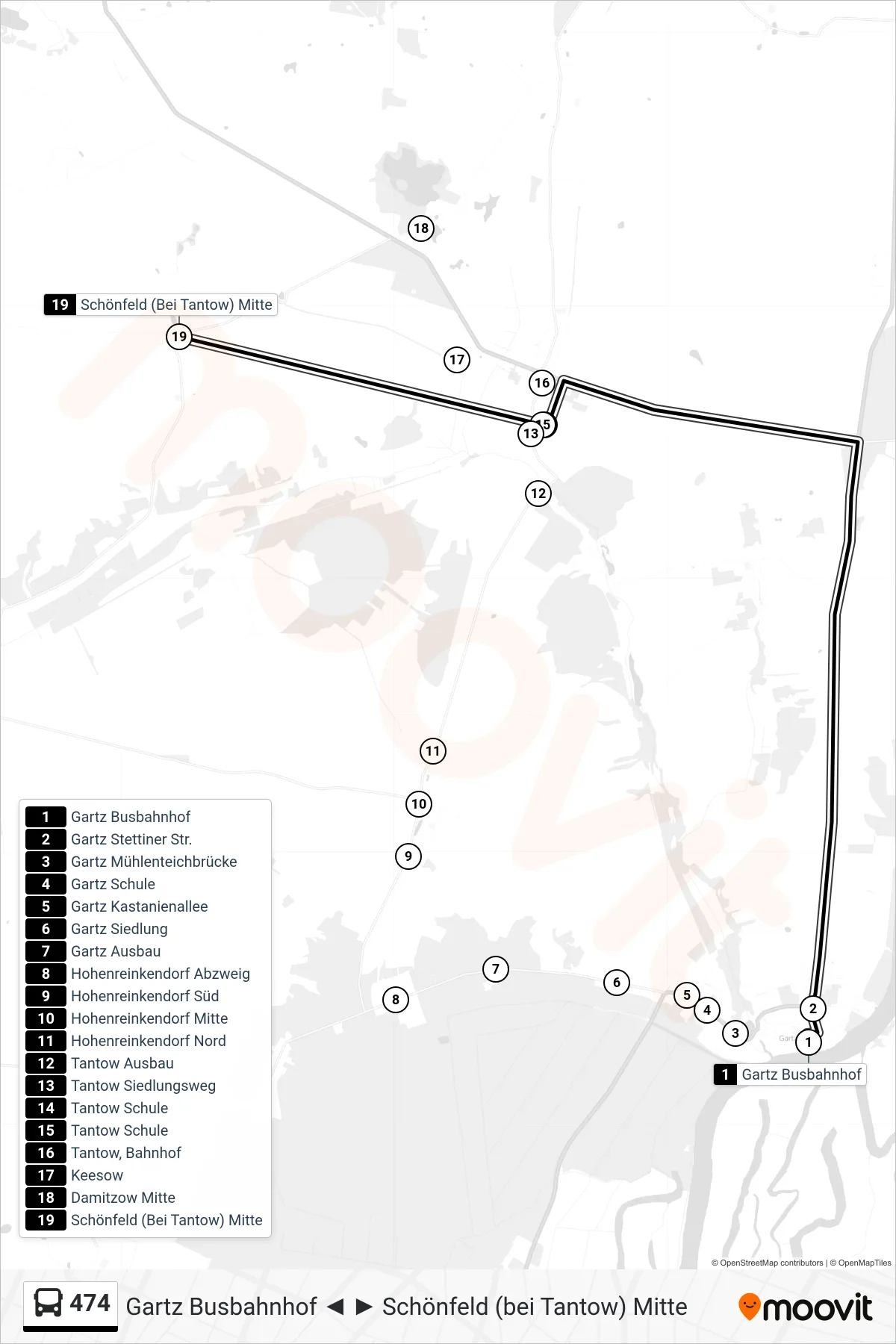 Linie 474 (Bus) Richtung Schönfeld (Bei Tantow) Mitte: Route und Haltestellen auf der Karte
