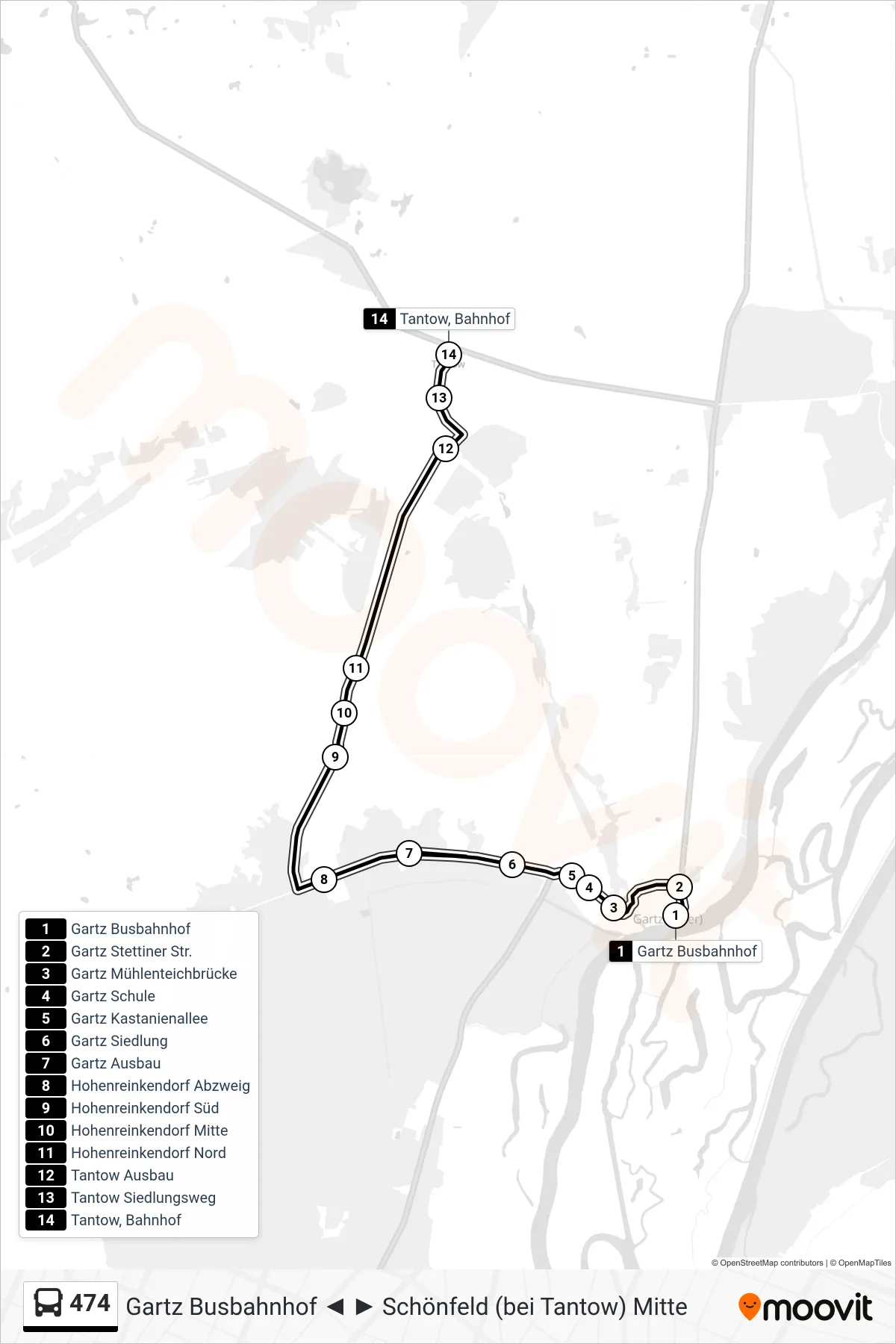 Linie 474 (Bus) Richtung Tantow Bahnhof: Route und Haltestellen auf der Karte
