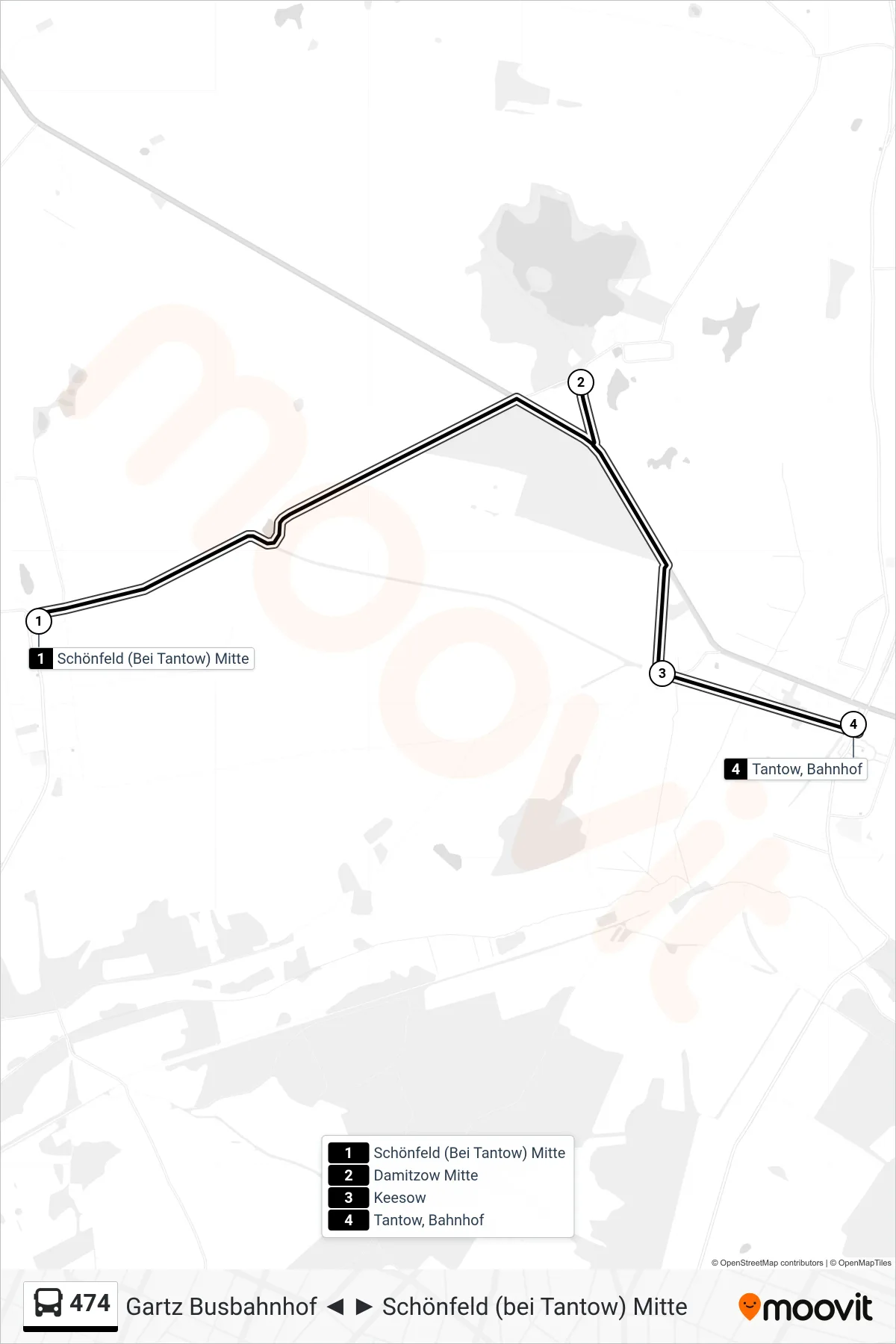 Linie 474 (Bus) Richtung Tantow Bahnhof: Route und Haltestellen auf der Karte