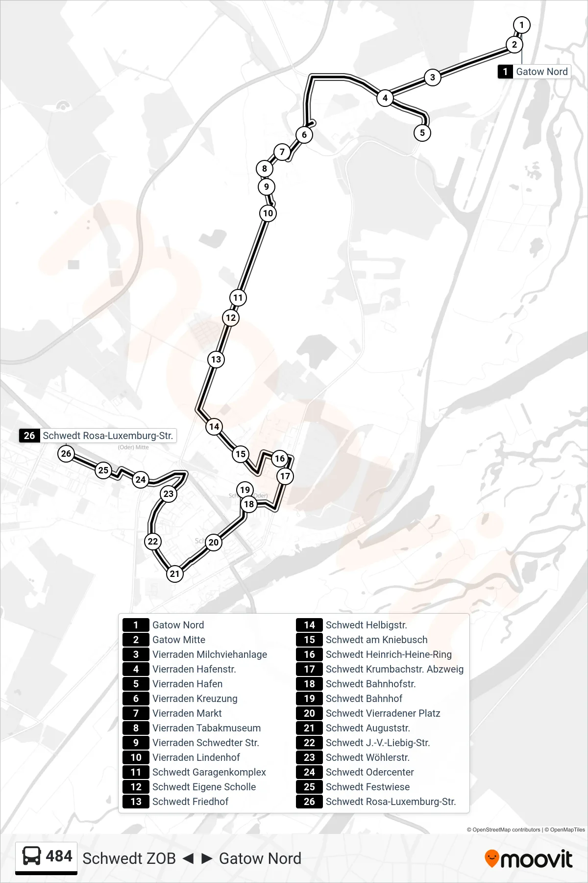 Linie 484 (Bus) Richtung Schwedt Rosa-Luxemburg-Str.: Route und Haltestellen auf der Karte