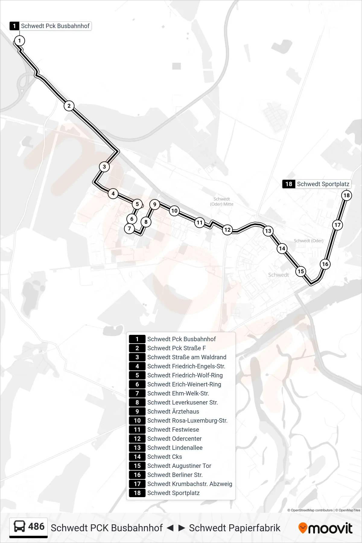 Linie 486 (Bus) Richtung Schwedt Sportplatz: Route und Haltestellen auf der Karte