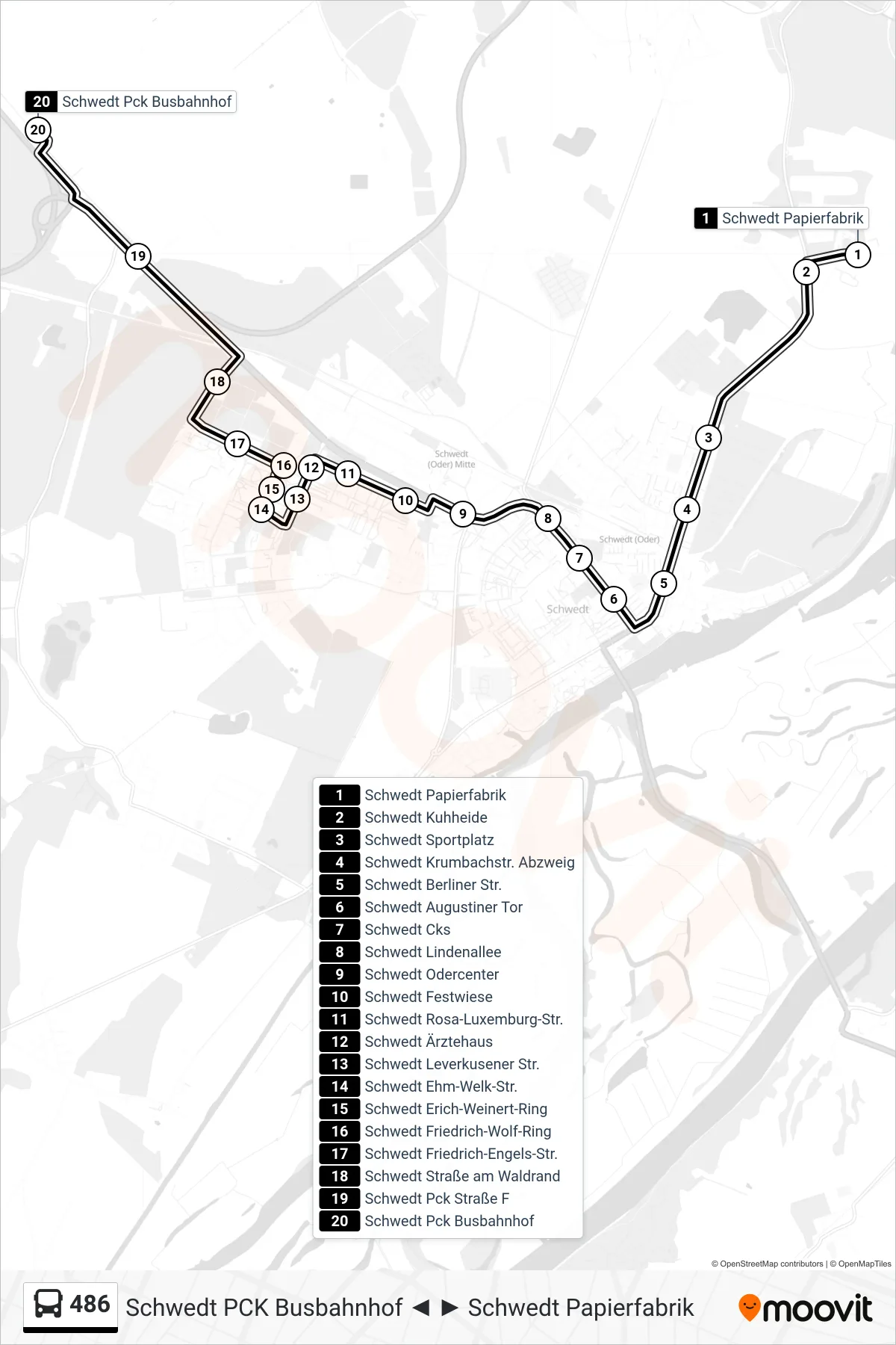 486 bus Line (Schwedt Pck Busbahnhof) route and stops on a map