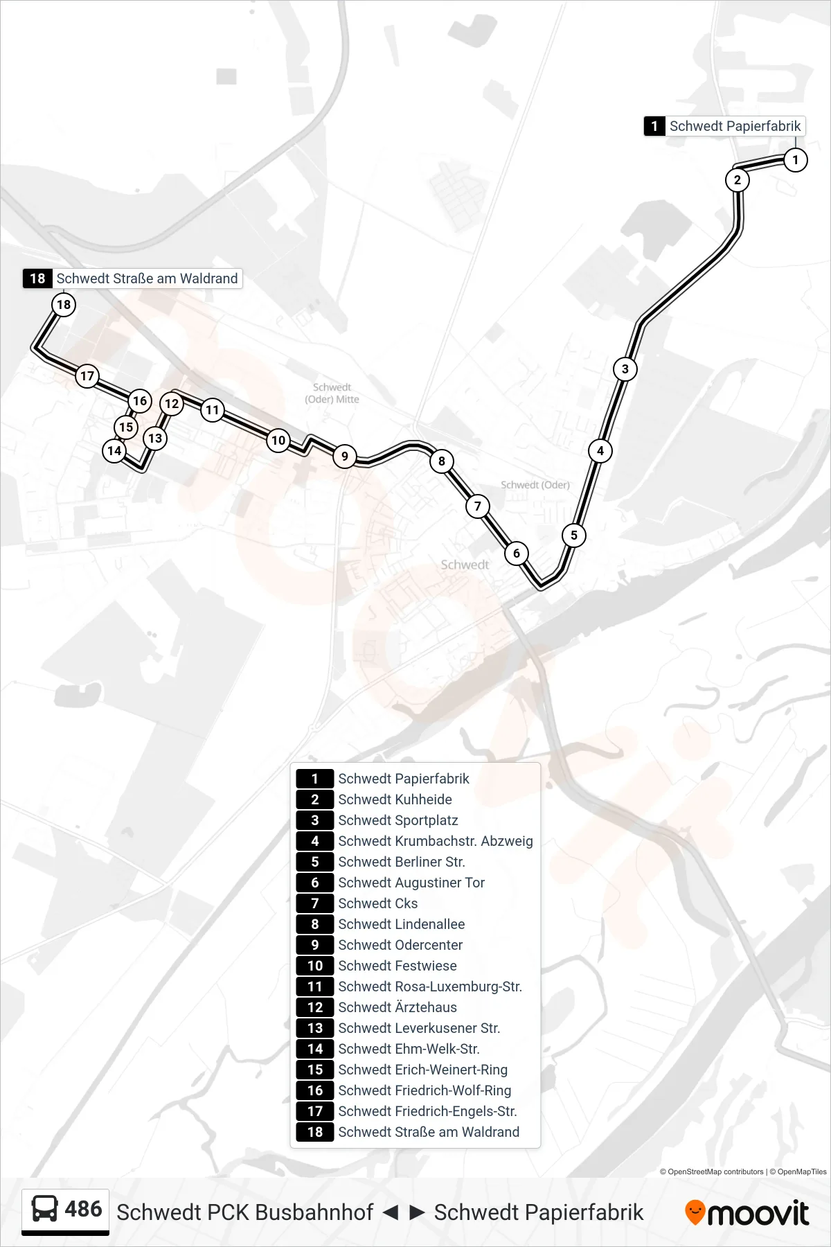 Linie 486 (Bus) Richtung Schwedt Straße am Waldrand: Route und Haltestellen auf der Karte