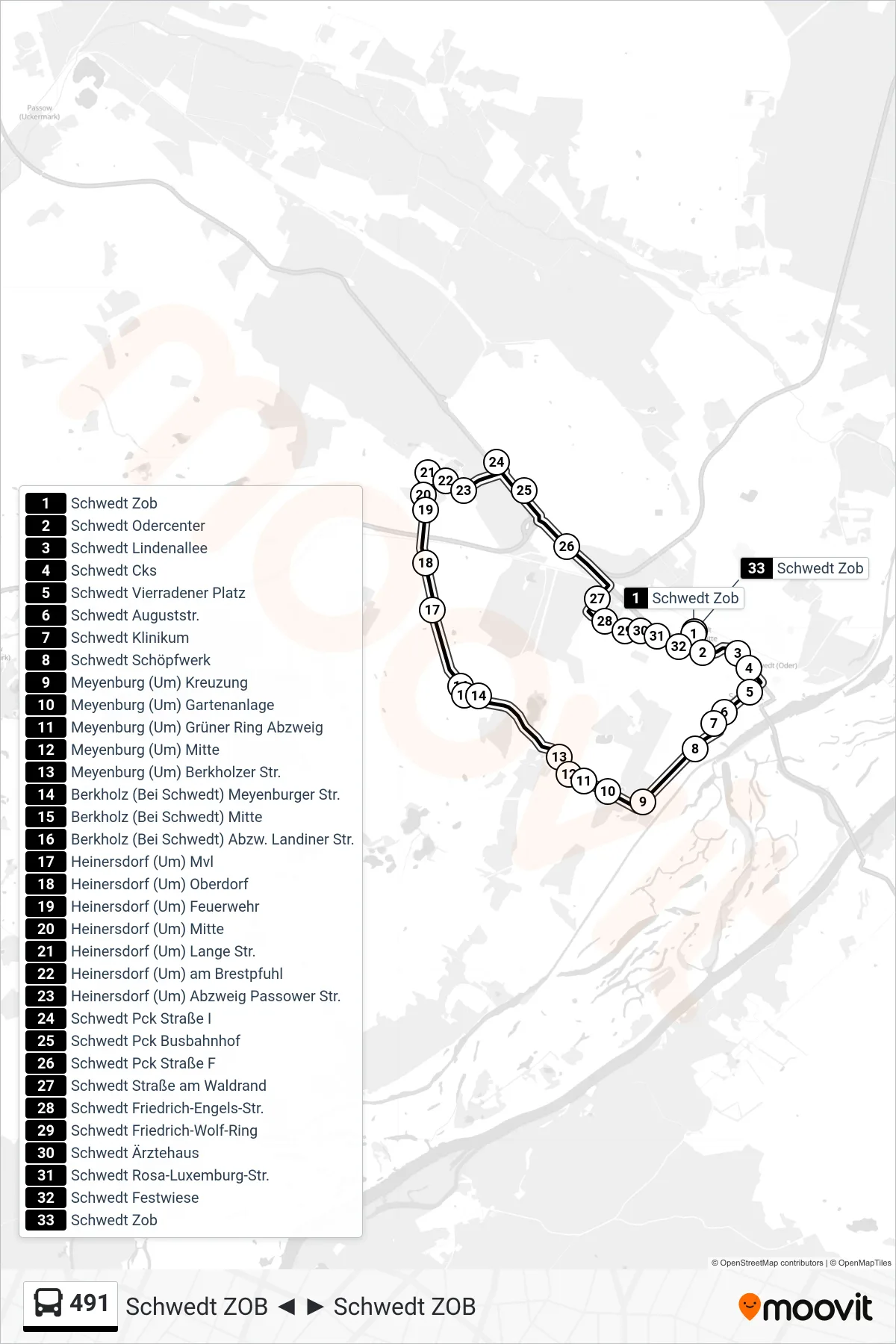 Linie 491 (Bus) Richtung Schwedt Zob: Route und Haltestellen auf der Karte