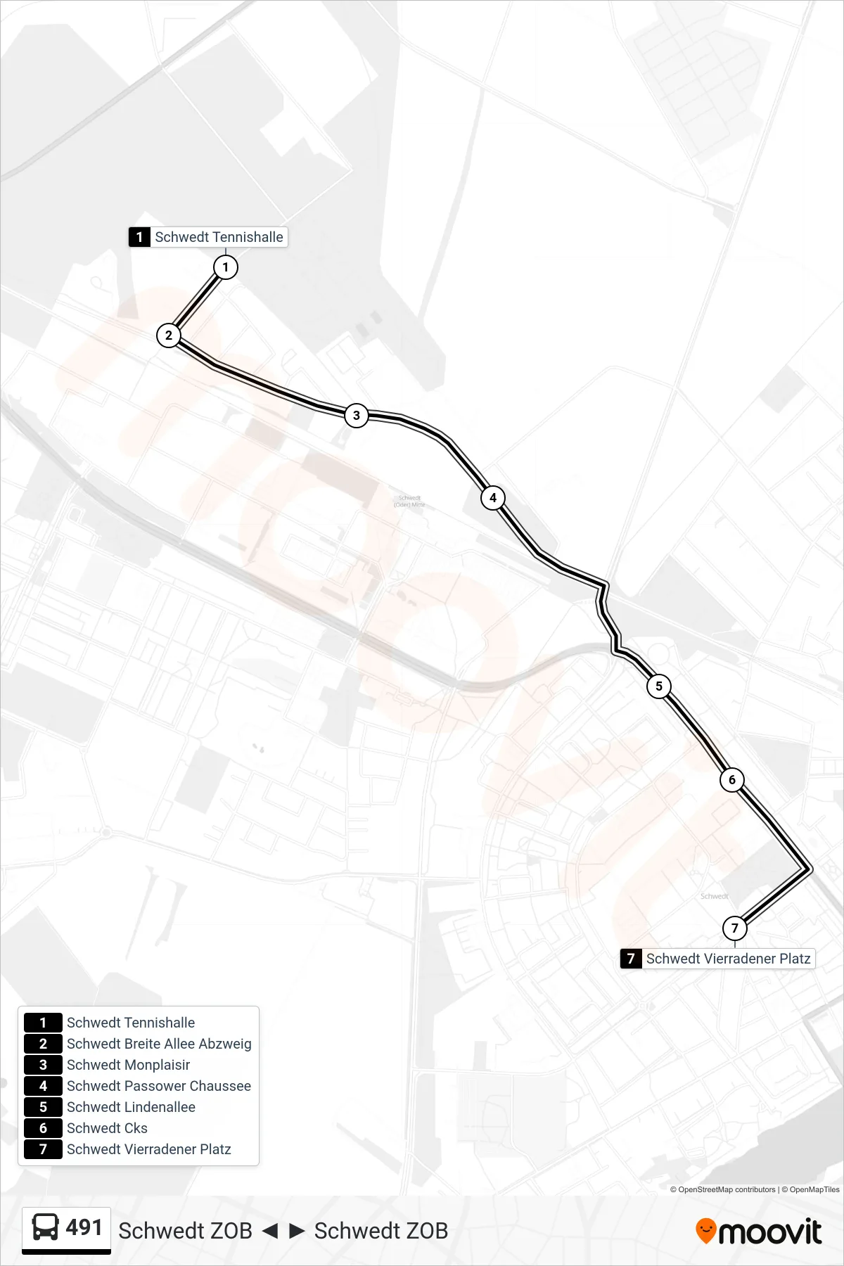 Linie 491 (Bus) Richtung Schwedt Vierradener Platz: Route und Haltestellen auf der Karte
