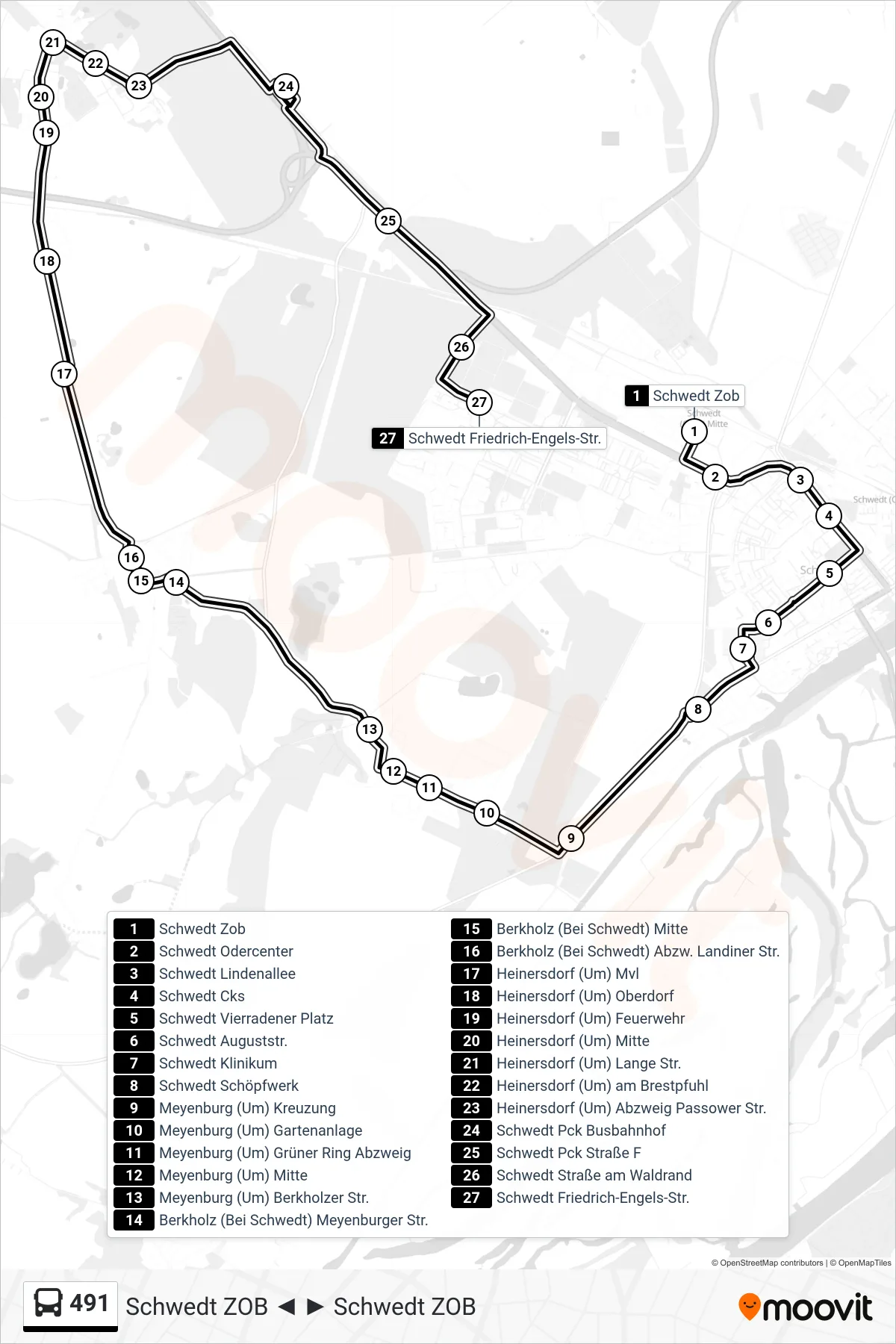 491 bus Line (Schwedt Friedrich-Engels-Str.) route and stops on a map