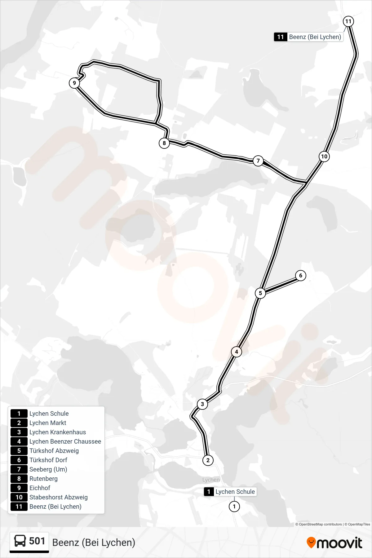 Linie 501 (Bus) Richtung Beenz (Bei Lychen): Route und Haltestellen auf der Karte