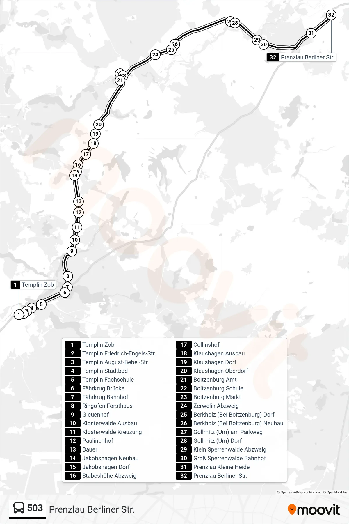 Linie 503 (Bus) Richtung Prenzlau Berliner Str.: Route und Haltestellen auf der Karte