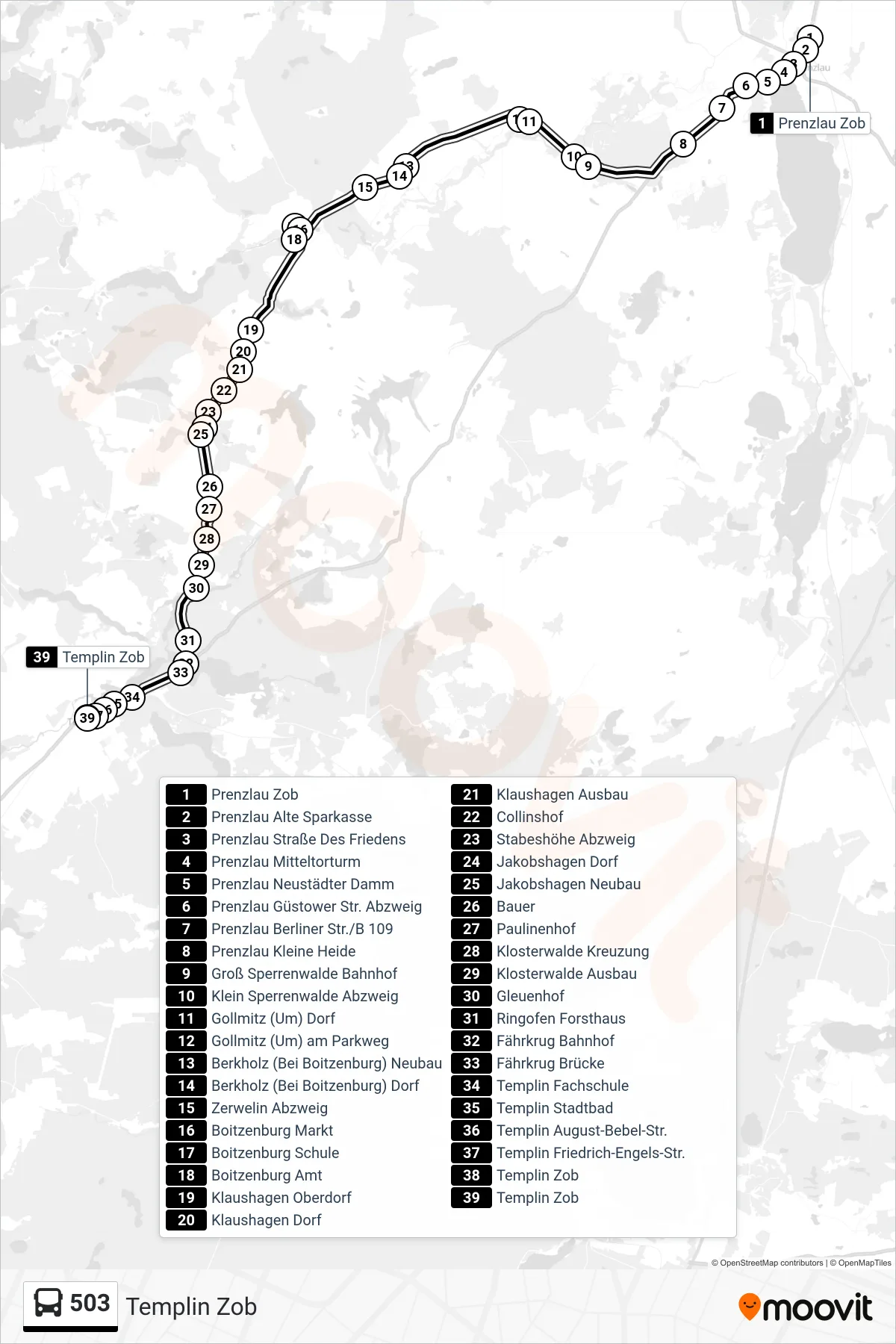 Linie 503 (Bus) Richtung Templin Zob: Route und Haltestellen auf der Karte