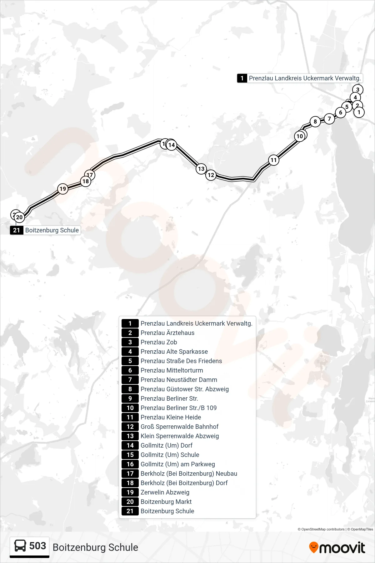Linie 503 (Bus) Richtung Boitzenburg Schule: Route und Haltestellen auf der Karte