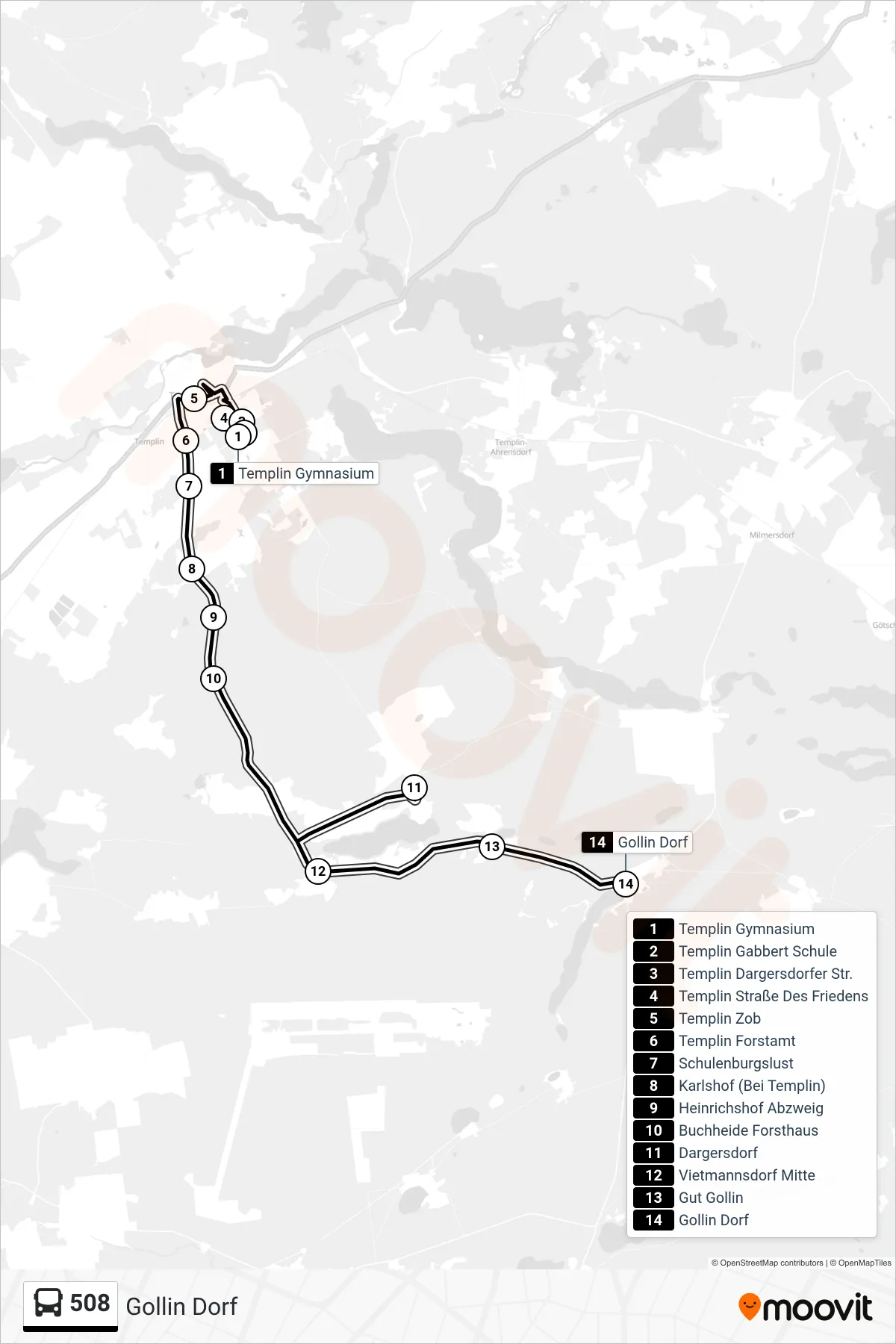 508 bus Line (Gollin Dorf) route and stops on a map