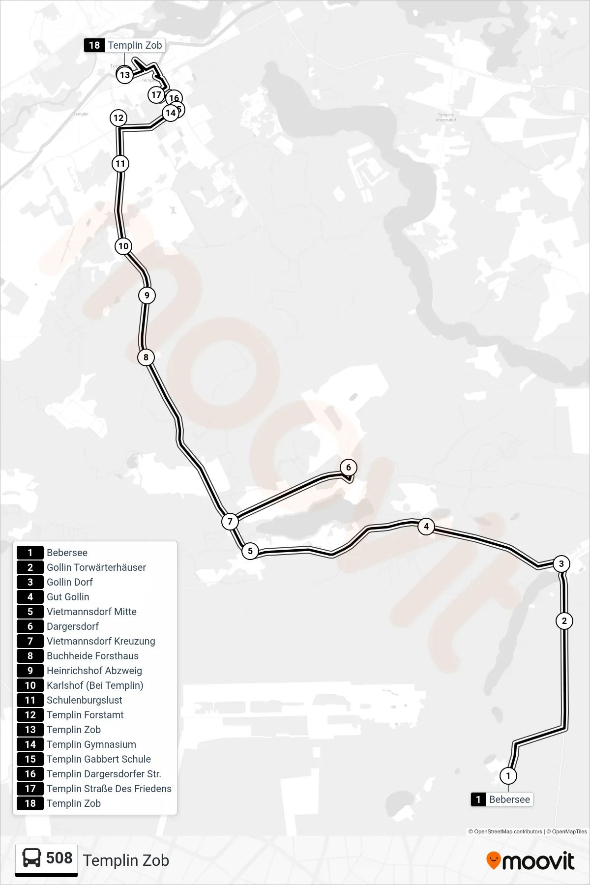 508 bus Line (Templin Zob) route and stops on a map