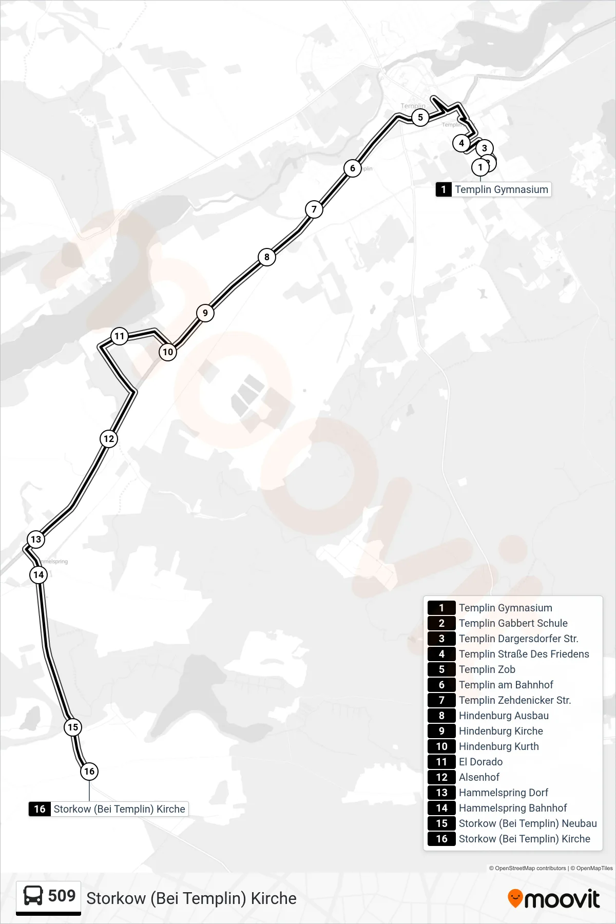 Linie 509 (Bus) Richtung Storkow (Bei Templin) Kirche: Route und Haltestellen auf der Karte