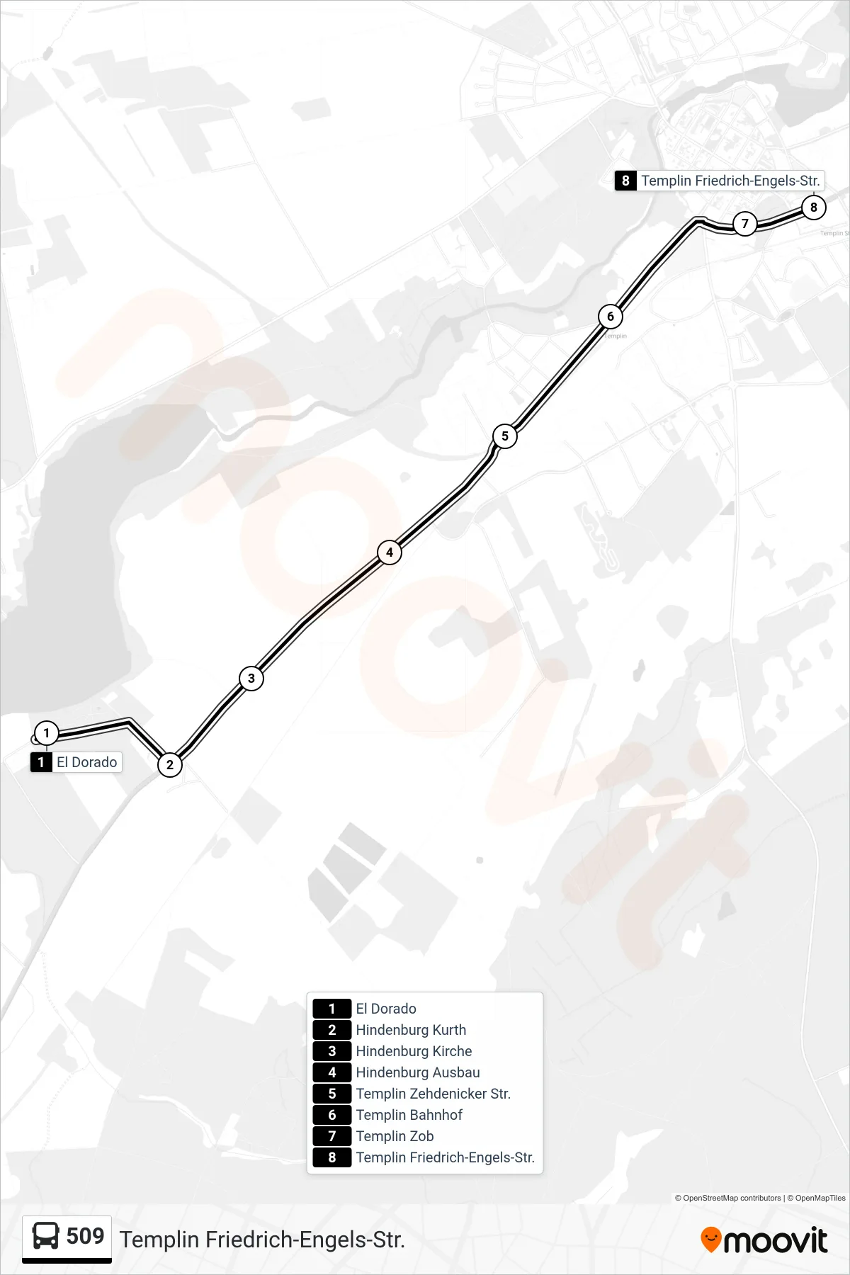 Linie 509 (Bus) Richtung Templin Friedrich-Engels-Str.: Route und Haltestellen auf der Karte