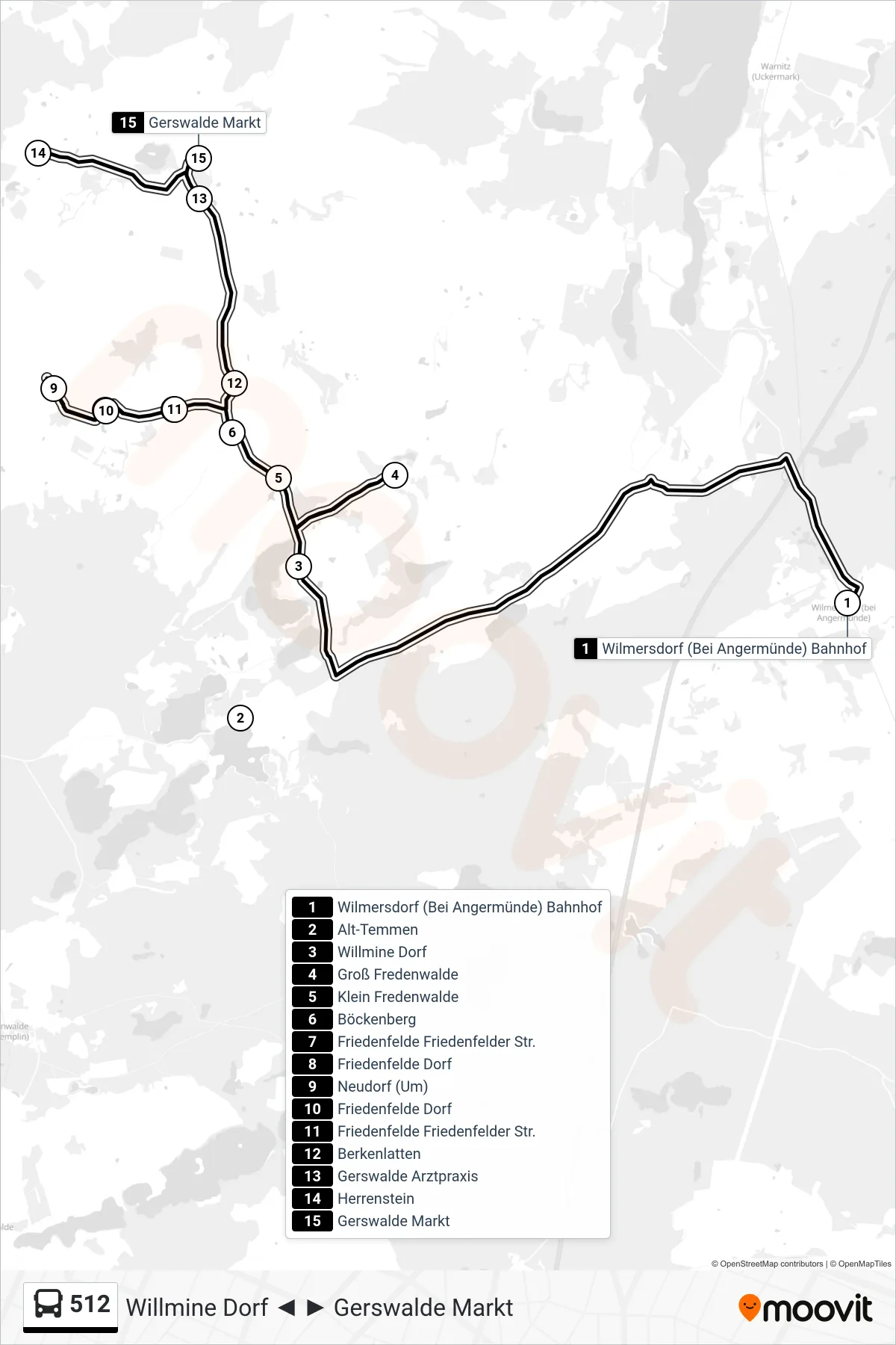 Linie 512 (Bus) Richtung Gerswalde Markt: Route und Haltestellen auf der Karte