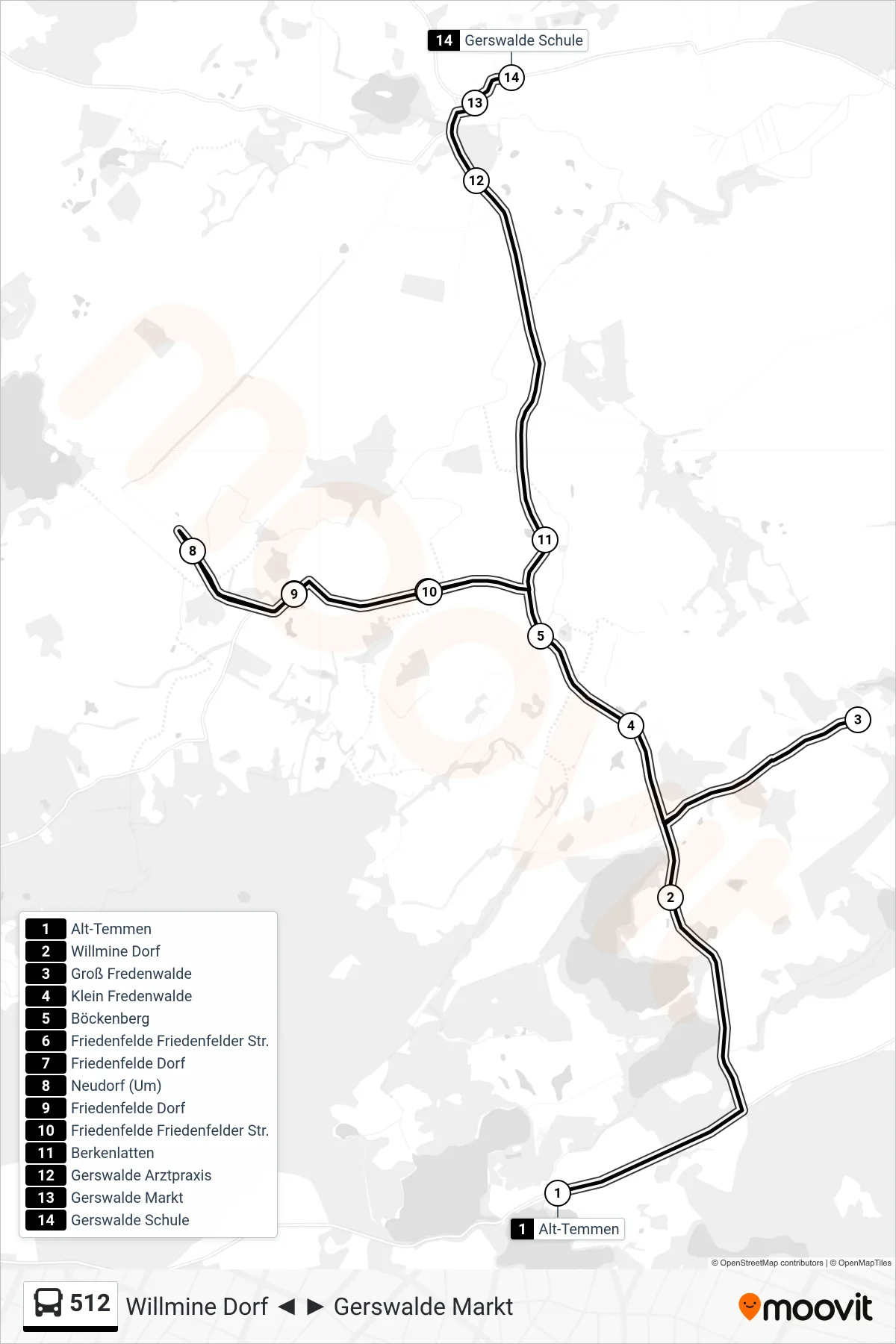 512 bus Line (Gerswalde Schule) route and stops on a map