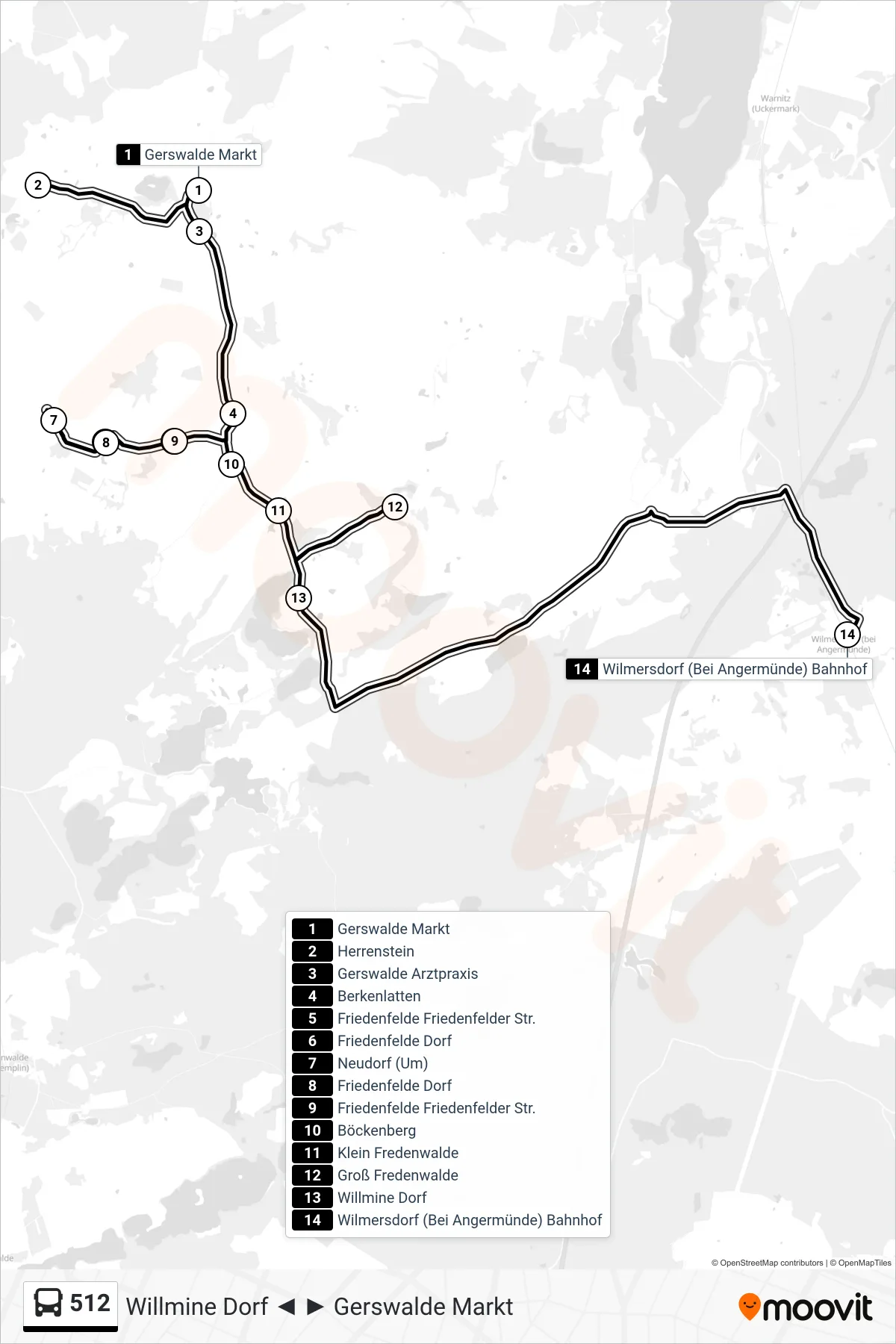 Linie 512 (Bus) Richtung Wilmersdorf (Bei Angermünde) Bahnhof: Route und Haltestellen auf der Karte