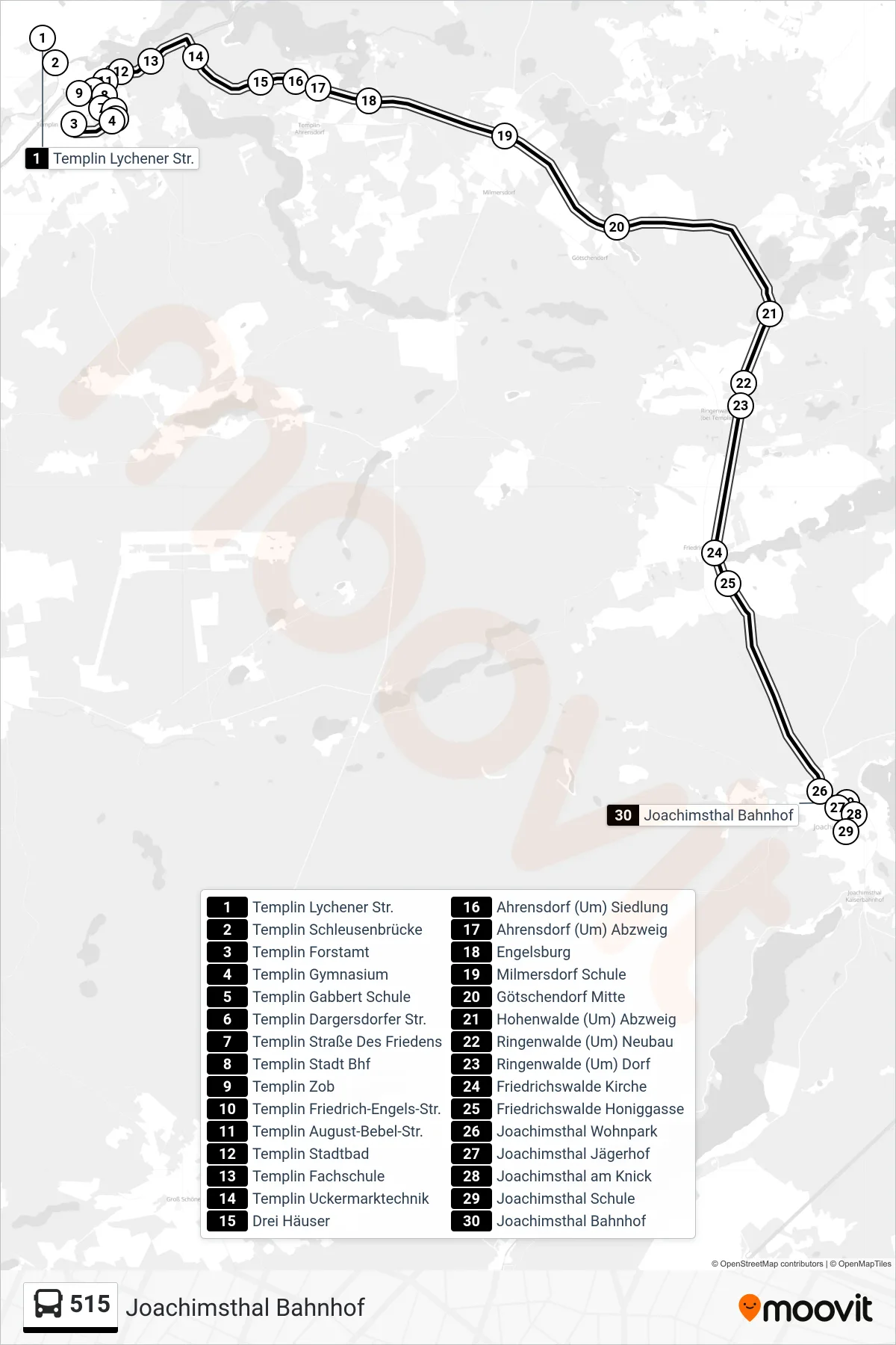 Linie 515 (Bus) Richtung Joachimsthal Bahnhof: Route und Haltestellen auf der Karte