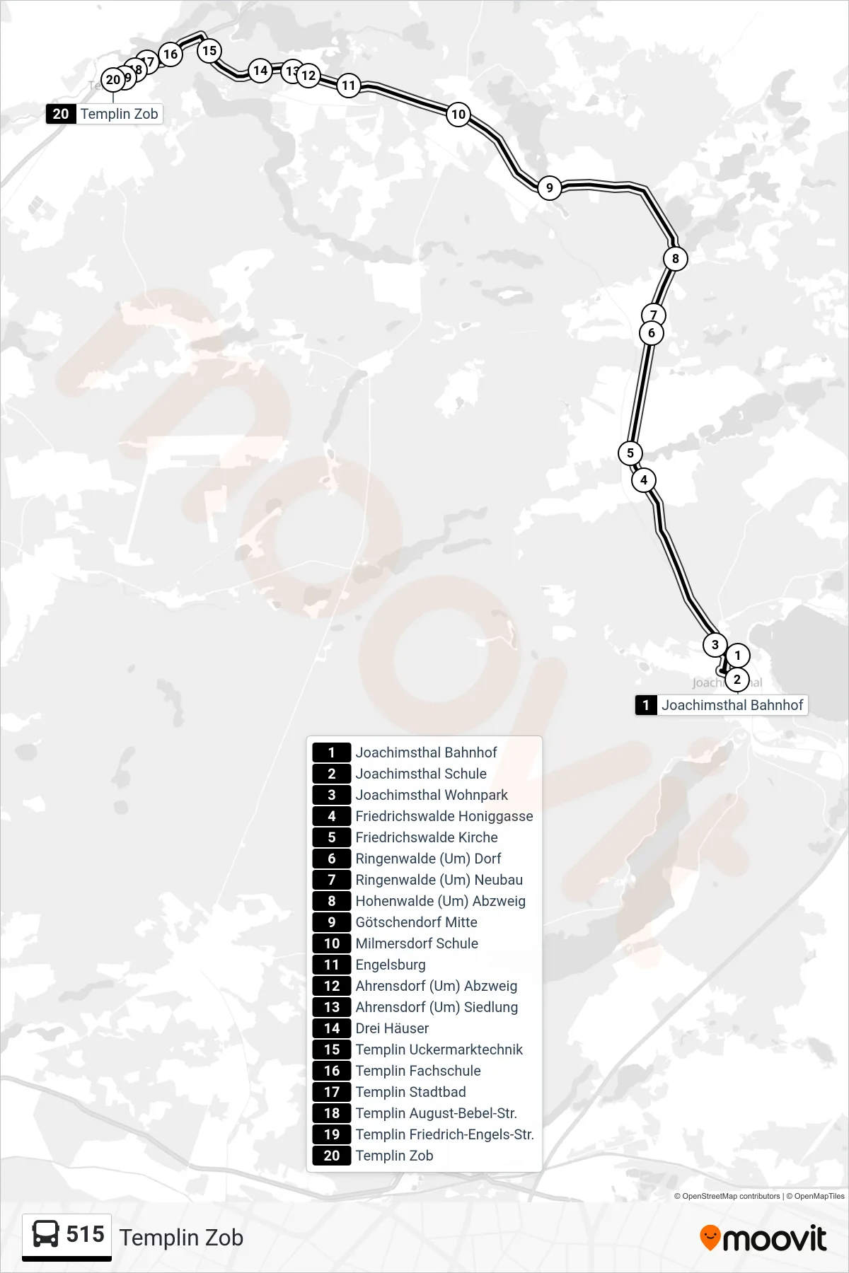 Linie 515 (Bus) Richtung Templin Zob: Route und Haltestellen auf der Karte