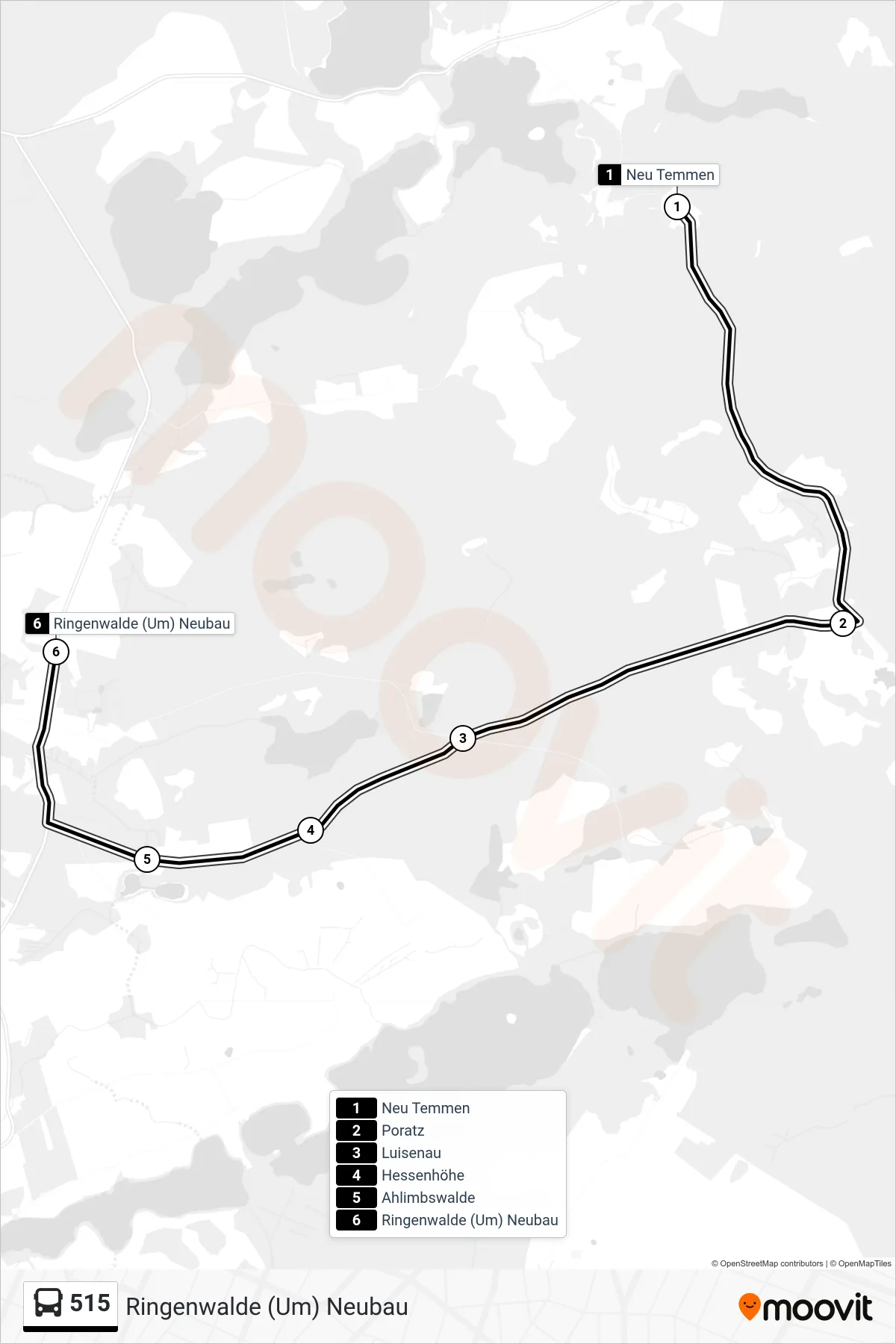 515 bus Line (Ringenwalde (Um) Neubau) route and stops on a map