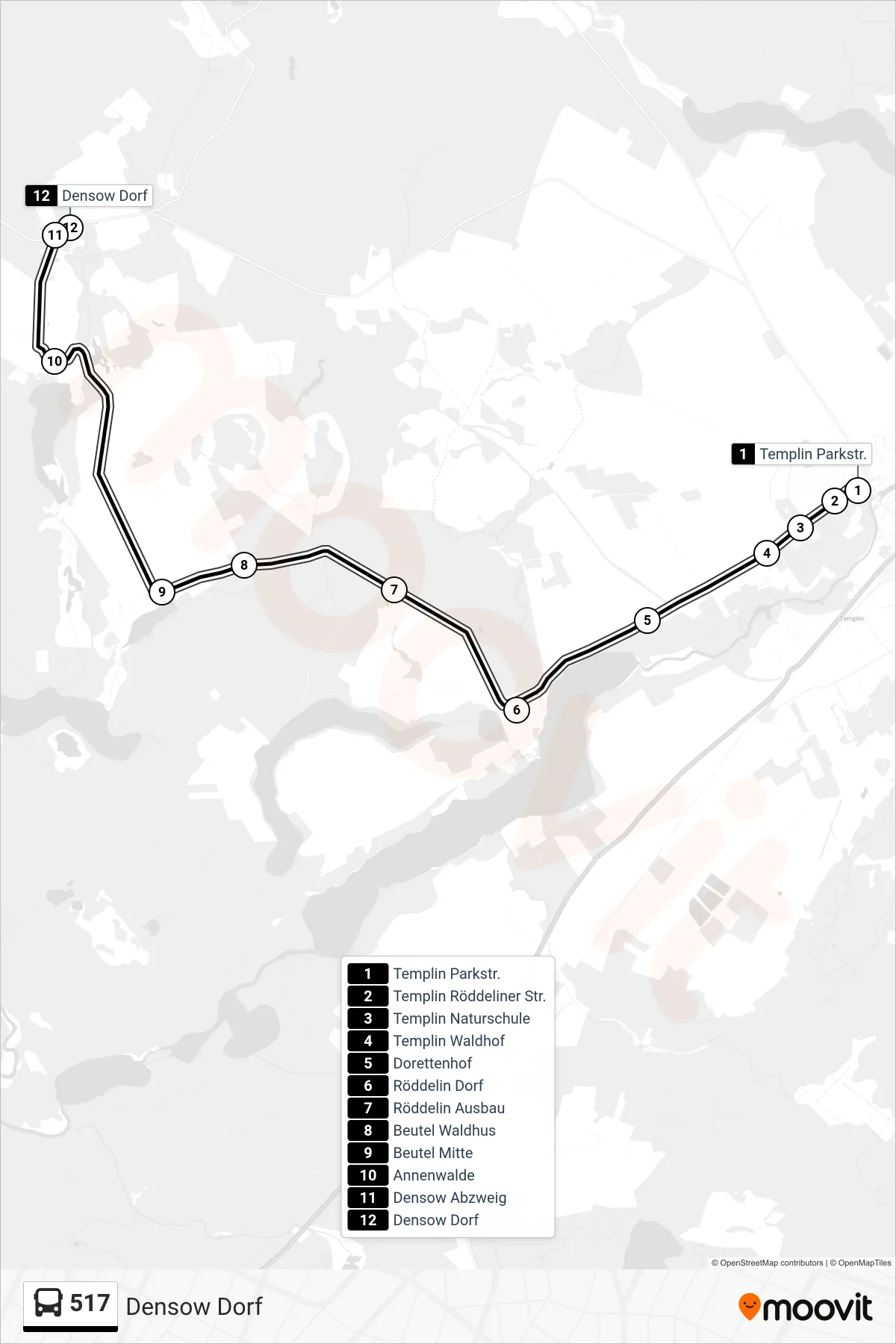 Linie 517 (Bus) Richtung Densow Dorf: Route und Haltestellen auf der Karte