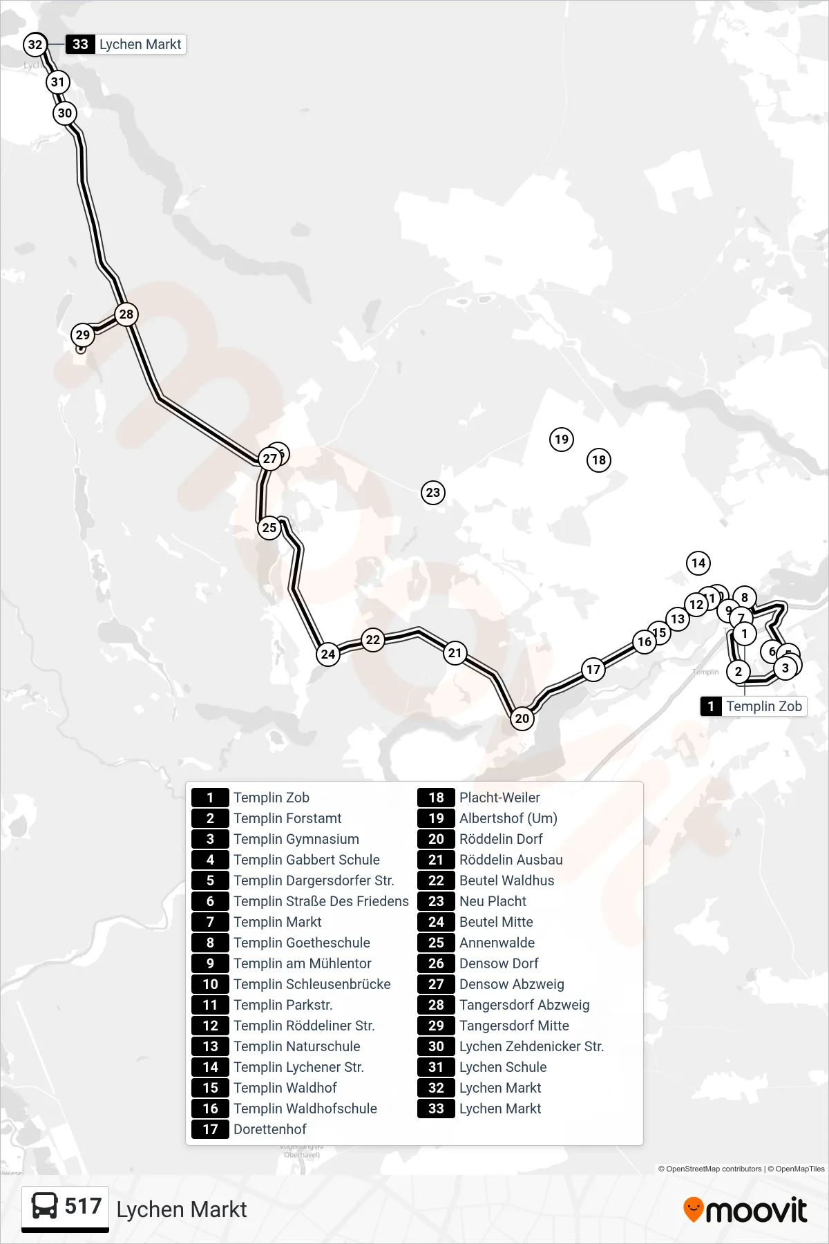Linie 517 (Bus) Richtung Lychen Markt: Route und Haltestellen auf der Karte
