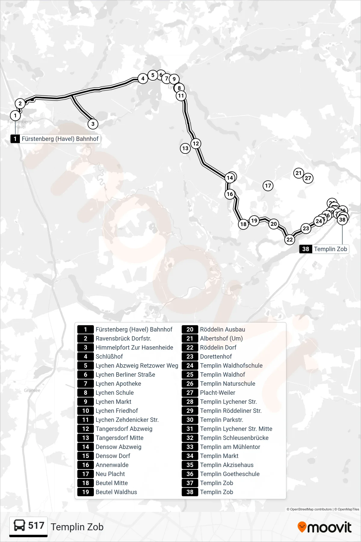 Linie 517 (Bus) Richtung Templin Zob: Route und Haltestellen auf der Karte