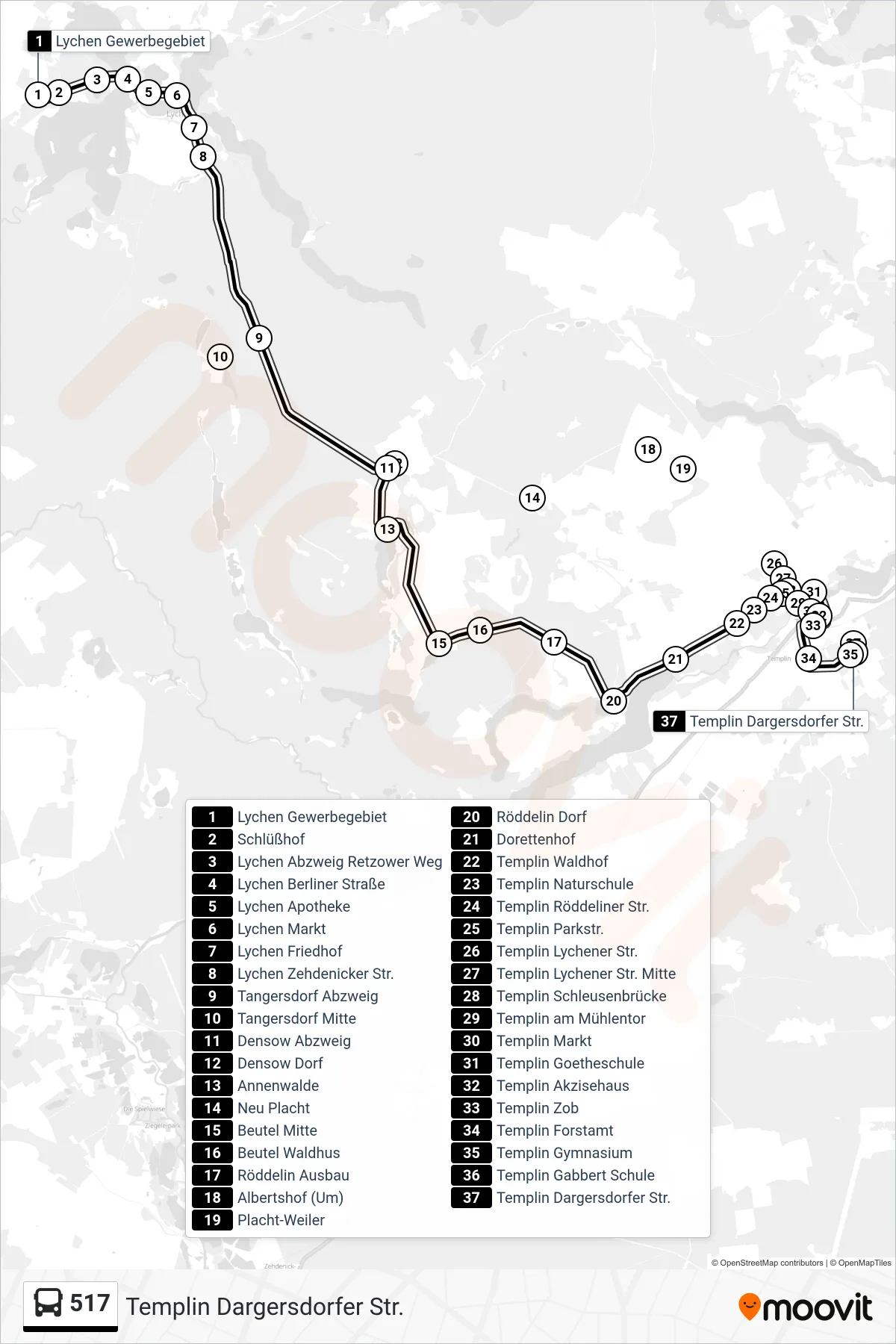Linie 517 (Bus) Richtung Templin Dargersdorfer Str.: Route und Haltestellen auf der Karte